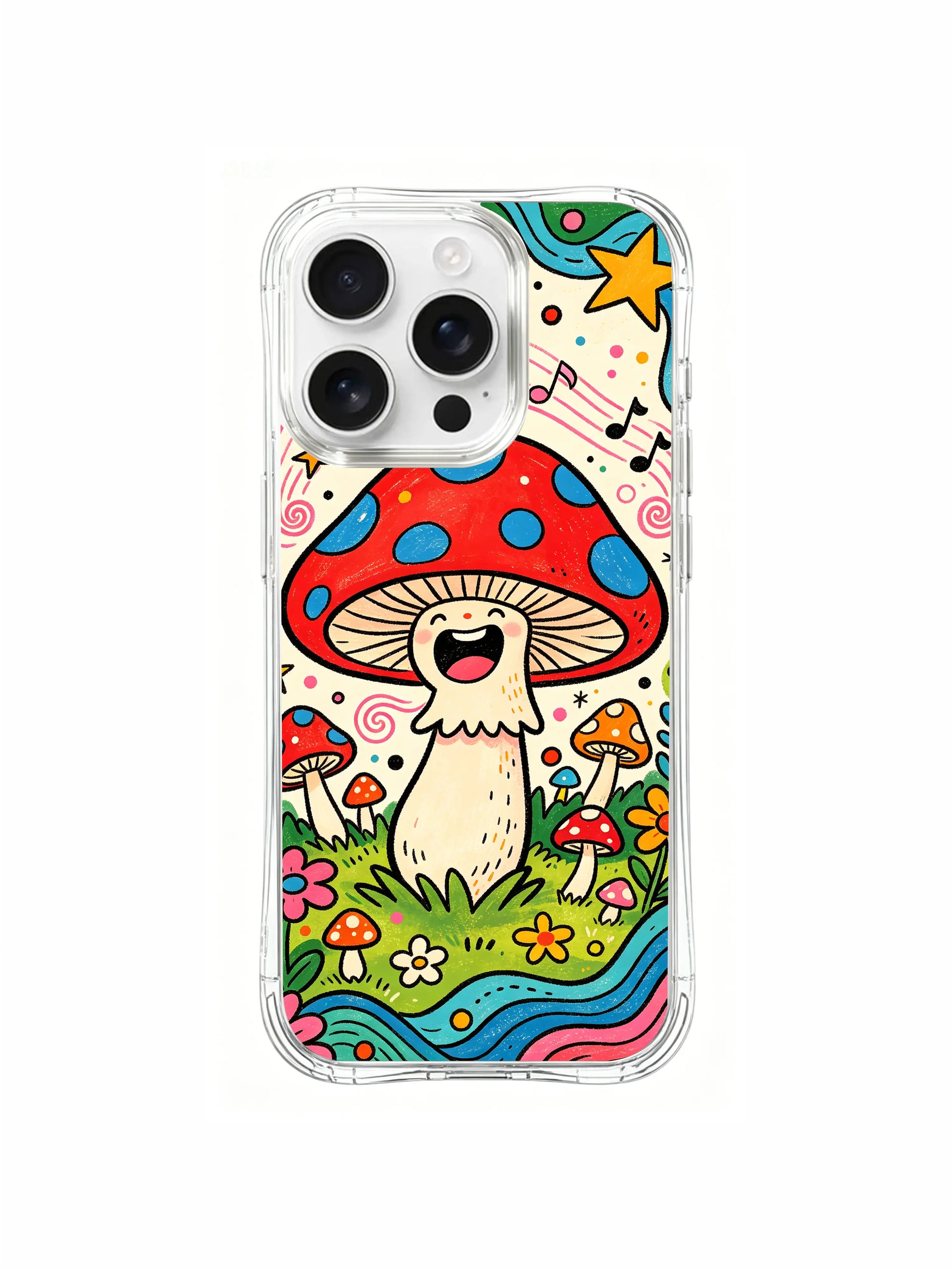 PhoneCasing iPhone 16 pro max Case, fine art casing focused on oversized blue-spotted red singing mushroom surrounded by layered small fungi & meadow blooms, premium bespoke wearable casing for art accessory collectors