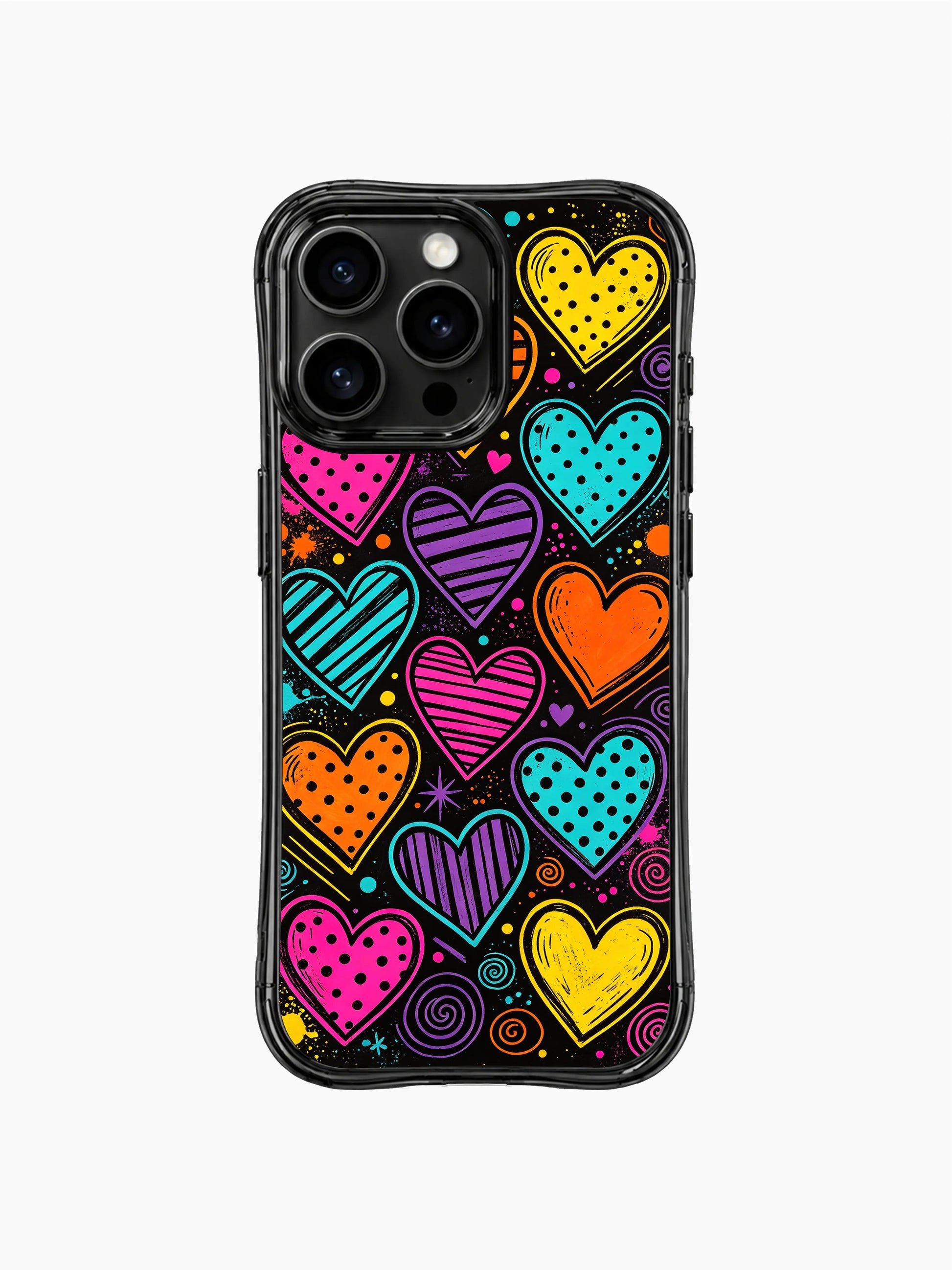 PhoneCasing iPhone 13 Pro Max cover with oversized central striped heart surrounded by dotted mini hearts, Electric Heart Parade original art casing.