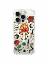 PhoneCasing iPhone 15 pro Case oversized upper butterfly, triple star cluster, three clover leaves and curved snake beside flame mushroom, custom UV-printed printed iPhone 15 pro casing.
