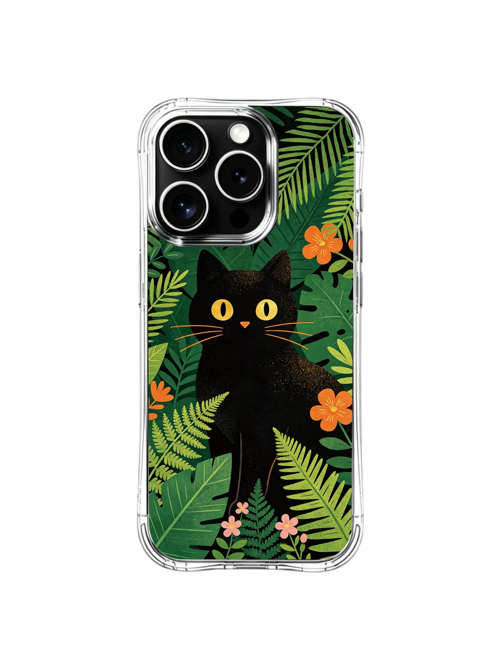 Layered shadow foliage PhoneCasing iPhone 13 pro Case, lightweight protective phone casing with curious golden-eye wildcat peeking from stacked dark jungle leaves and faint wildflowers, whimsical nature phone cover.
