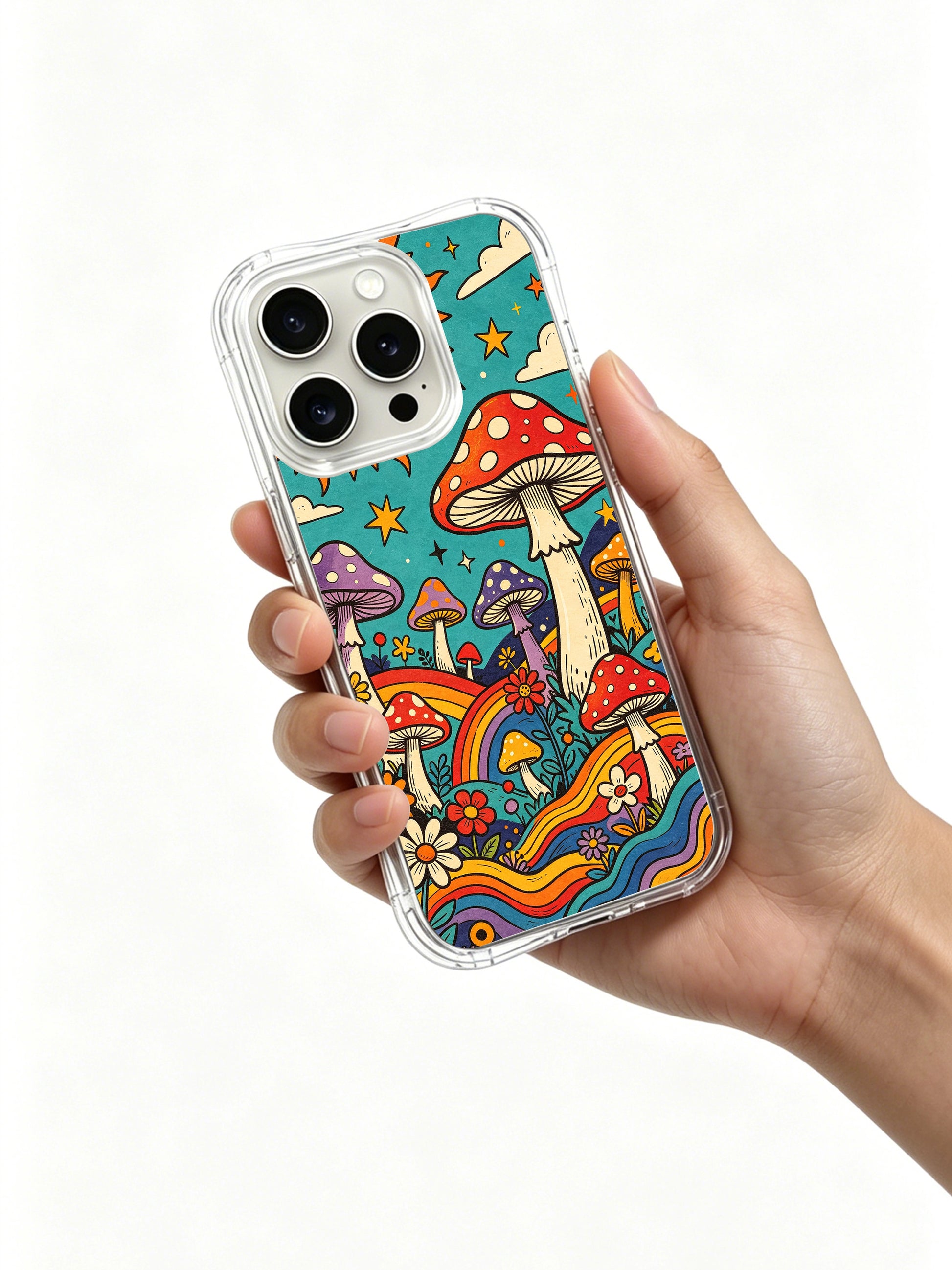 PhoneCasing iPhone 16 pro max Case, original Luna Moss fine art casing packed with multi-color spotted mushrooms rolling over curvy rainbow hills, bespoke wearable art casing locally produced in California