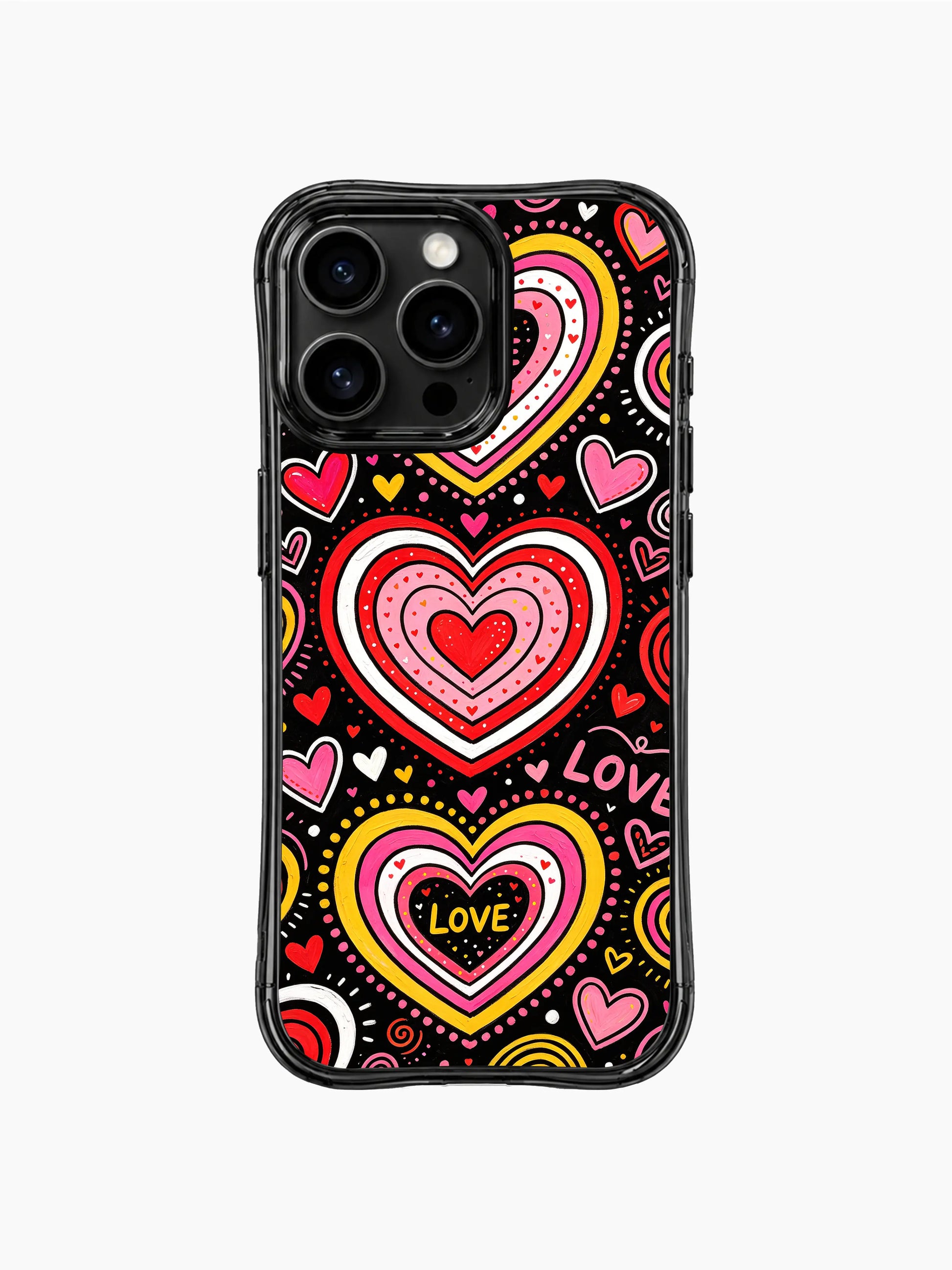 PhoneCasing iPhone 13 Pro Max case concentric multi-ring candy heart doodles, alternating pink red yellow white color layers, scattered handwritten LOVE text, mini heart confetti and spiral swirl details, cute candy shop pop art phone casing.