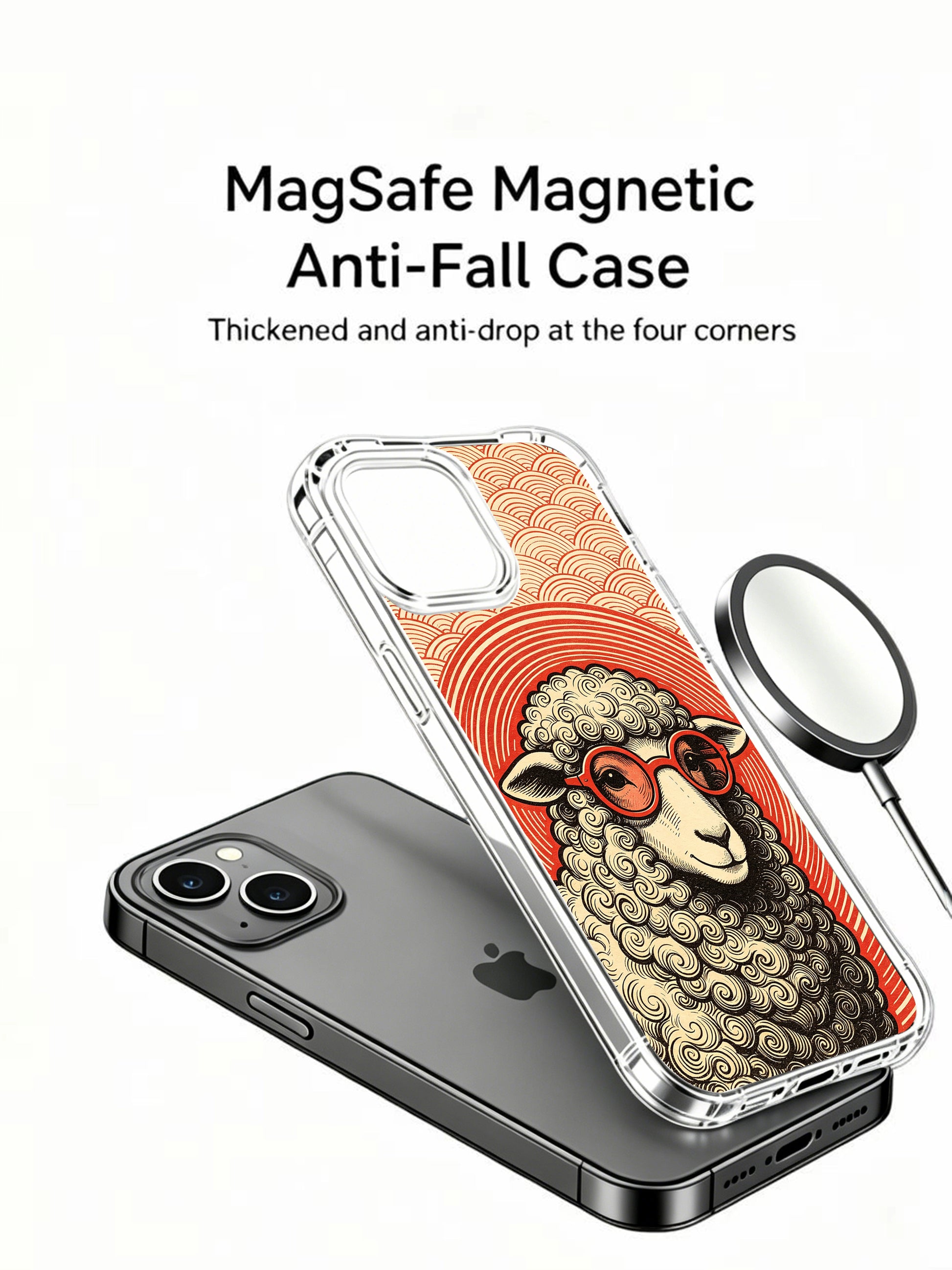 Layered oriental scale + concentric red ring backdrop complements soft curly wool retro sheep on PhoneCasing iPhone 13 Case, fade-resistant gallery printed premium art casing crafted in California print workshop.