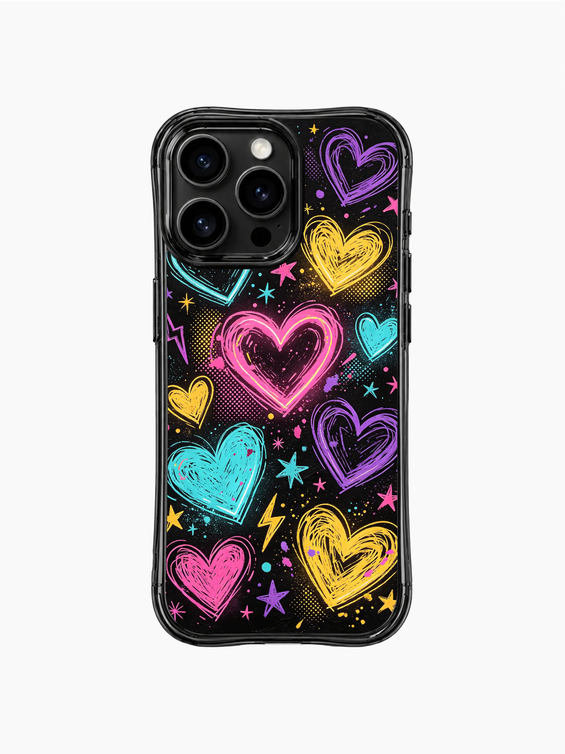 PhoneCasing iPhone 13 Pro Max case double layered messy scribble outlines on each heart, subtle galaxy nebula glitter fill on large focal hearts, scattered spray paint splatter on black space canvas phone cover casing.