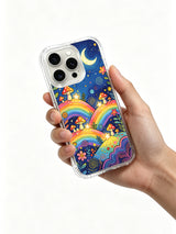 Flowers and star mushrooms under a warm night sky artwork on an iPhone 16 Pro Max case