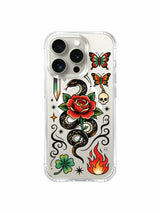 Snake and rose with clover and flame skull artwork on an iPhone 15 Pro case