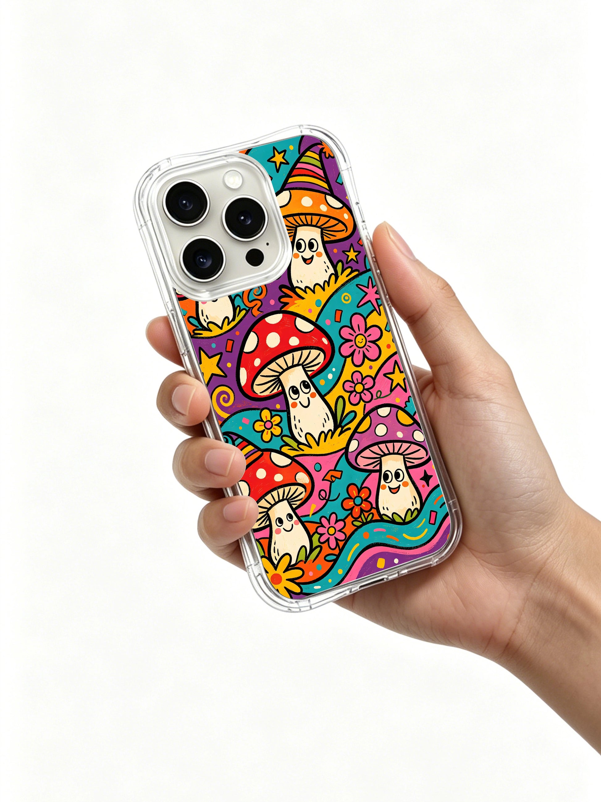 PhoneCasing iPhone 16 pro max Case, gallery-grade licensed art casing with dense purple & pink spotted clown fungi clustered on left, nestled amid daisy blooms and tiny scattered stars, original Luna Moss artwork printed on durable clear iPhone 16 pro max casing.