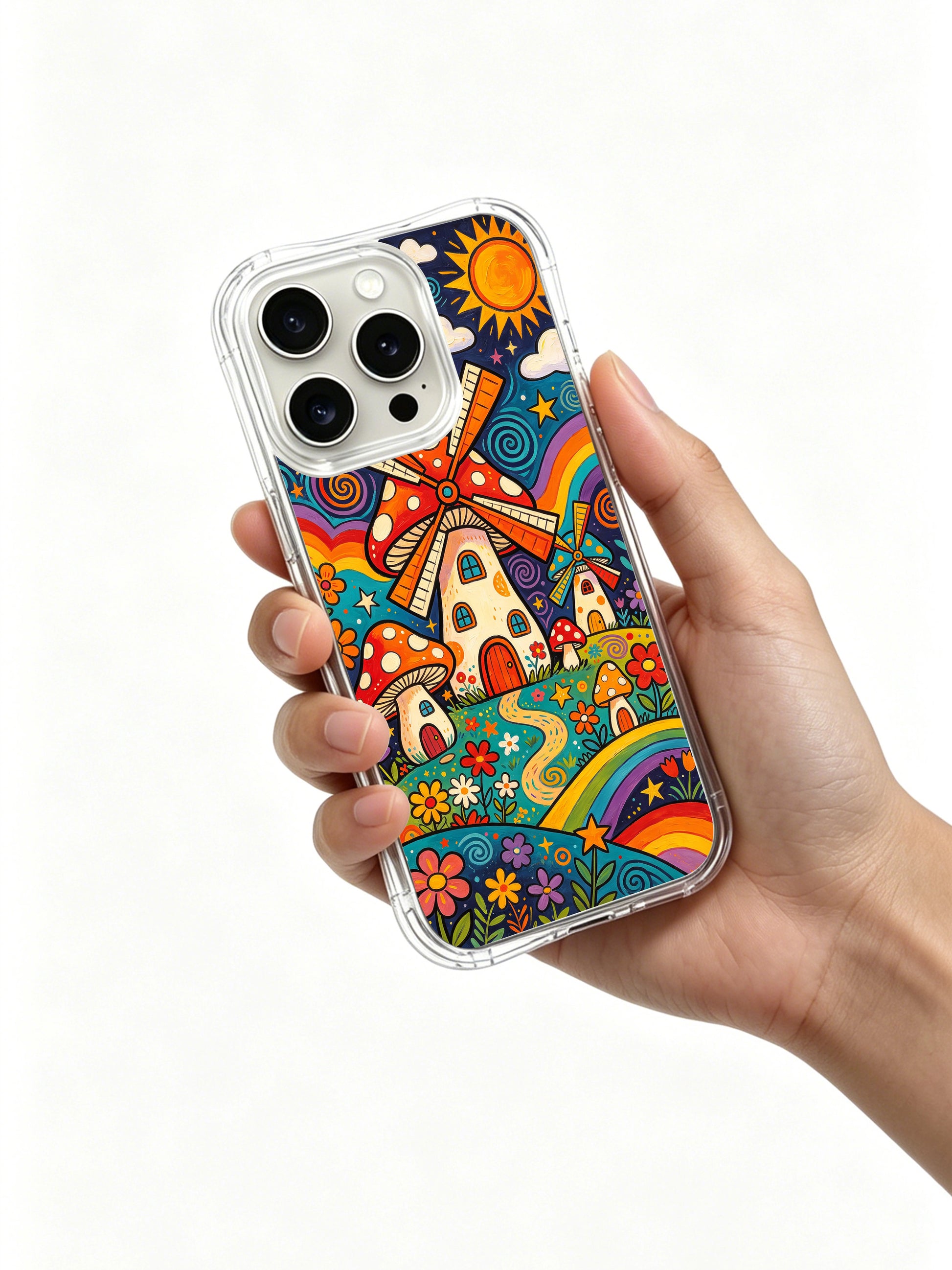 PhoneCasing iPhone 16 pro max Case, gallery-grade licensed art casing with stacked red spotted mushroom homes on left frame, big spiral orange sun top right, soft swirl cloud drifting above village, original Luna Moss whimsical artwork printed on long-lasting clear iPhone 16 pro max casing.