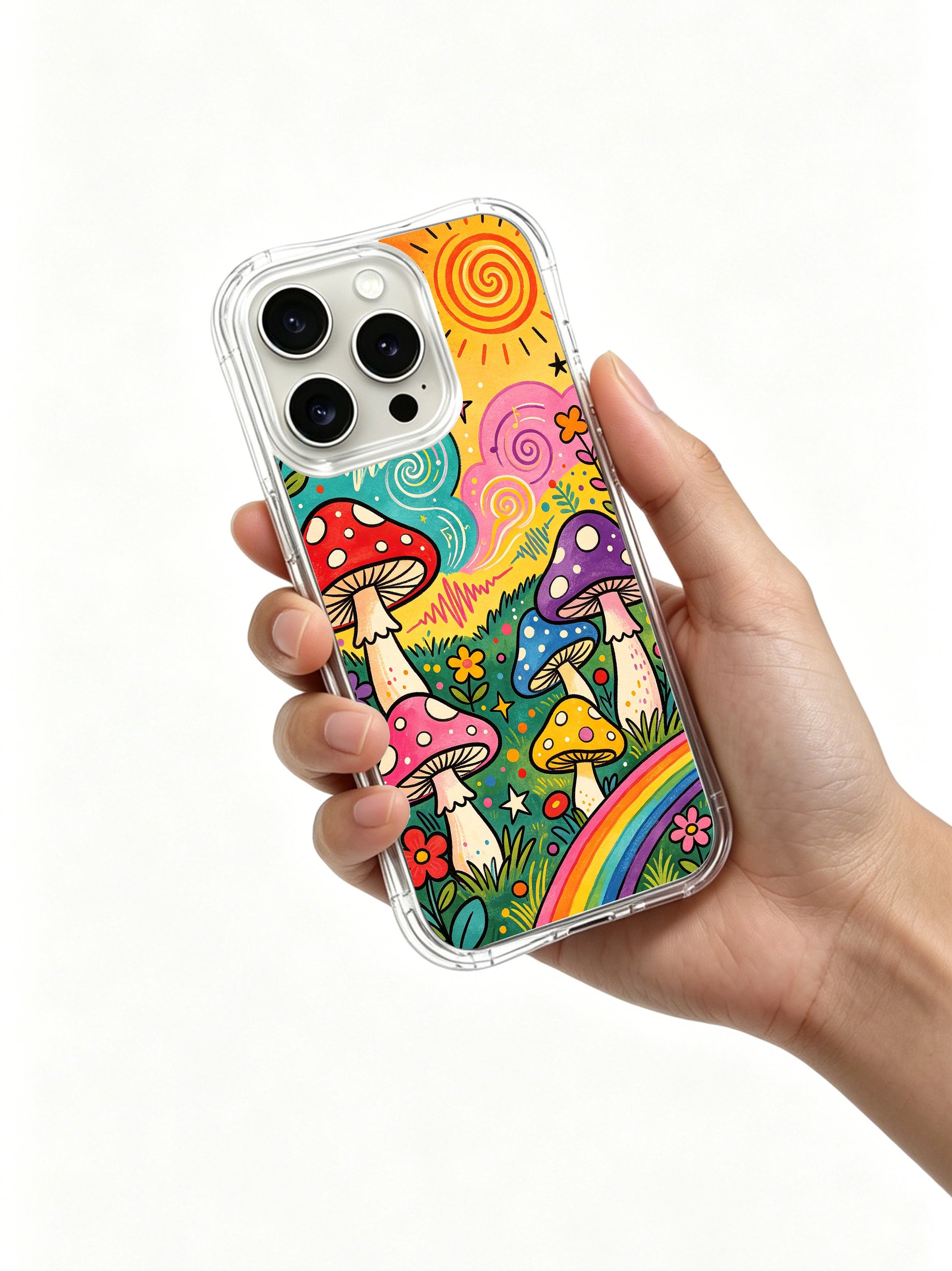 PhoneCasing iPhone 16 pro max Case, gallery-grade licensed art casing with red & purple spotted mushrooms stacked on left, pastel blooms surrounding stems, musical symbols tucked inside pink spiral clouds, original Luna Moss print on durable clear iPhone 16 pro max casing.