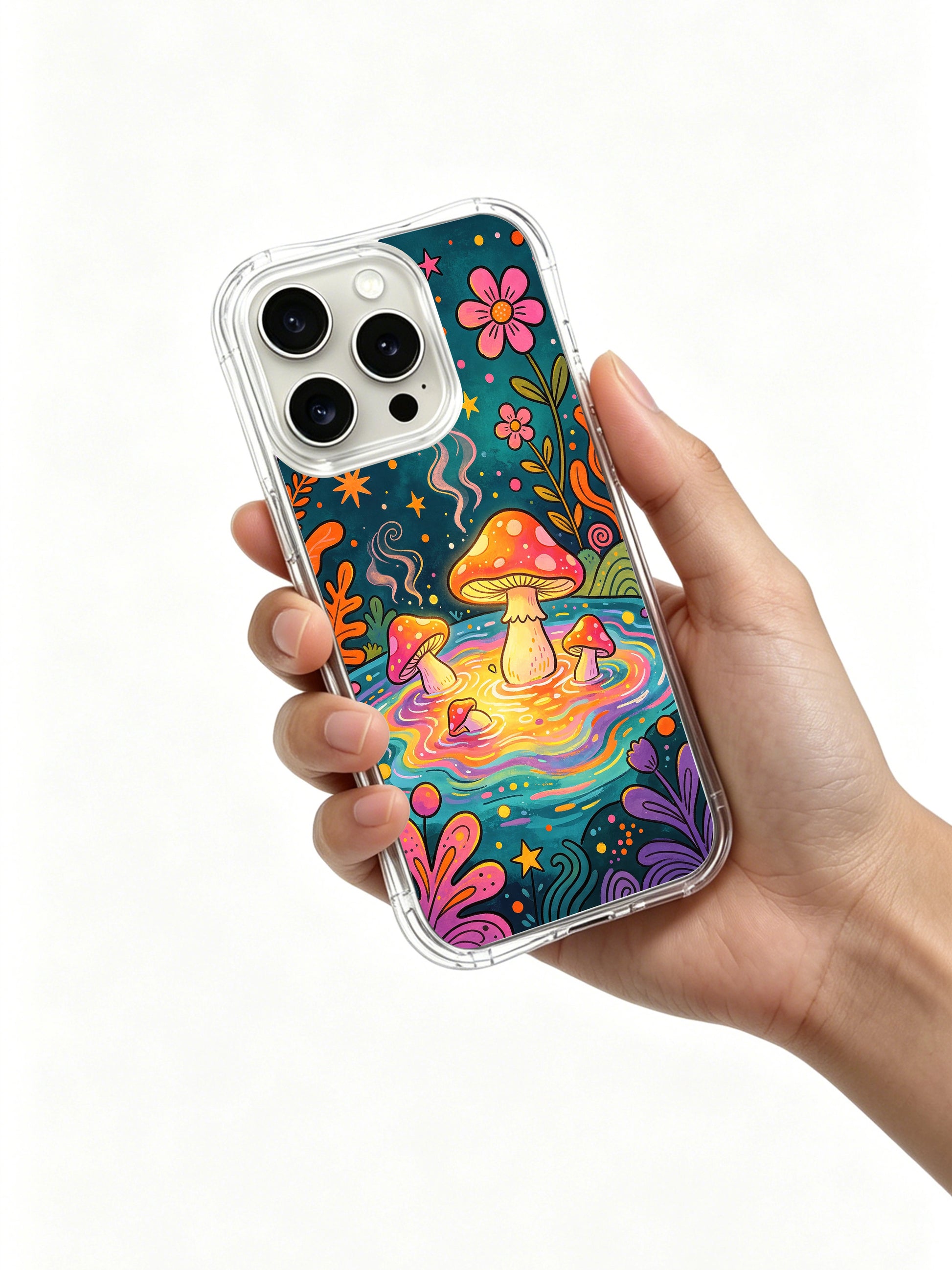 PhoneCasing iPhone 16 pro max Case, gallery-grade licensed art casing with warm orange-red spotted fungi stacked on left, nestled amid multi-color wild blooms, soft pink curling mist rises above glowing pond, original Luna Moss artwork printed on durable clear iPhone 16 pro max casing.