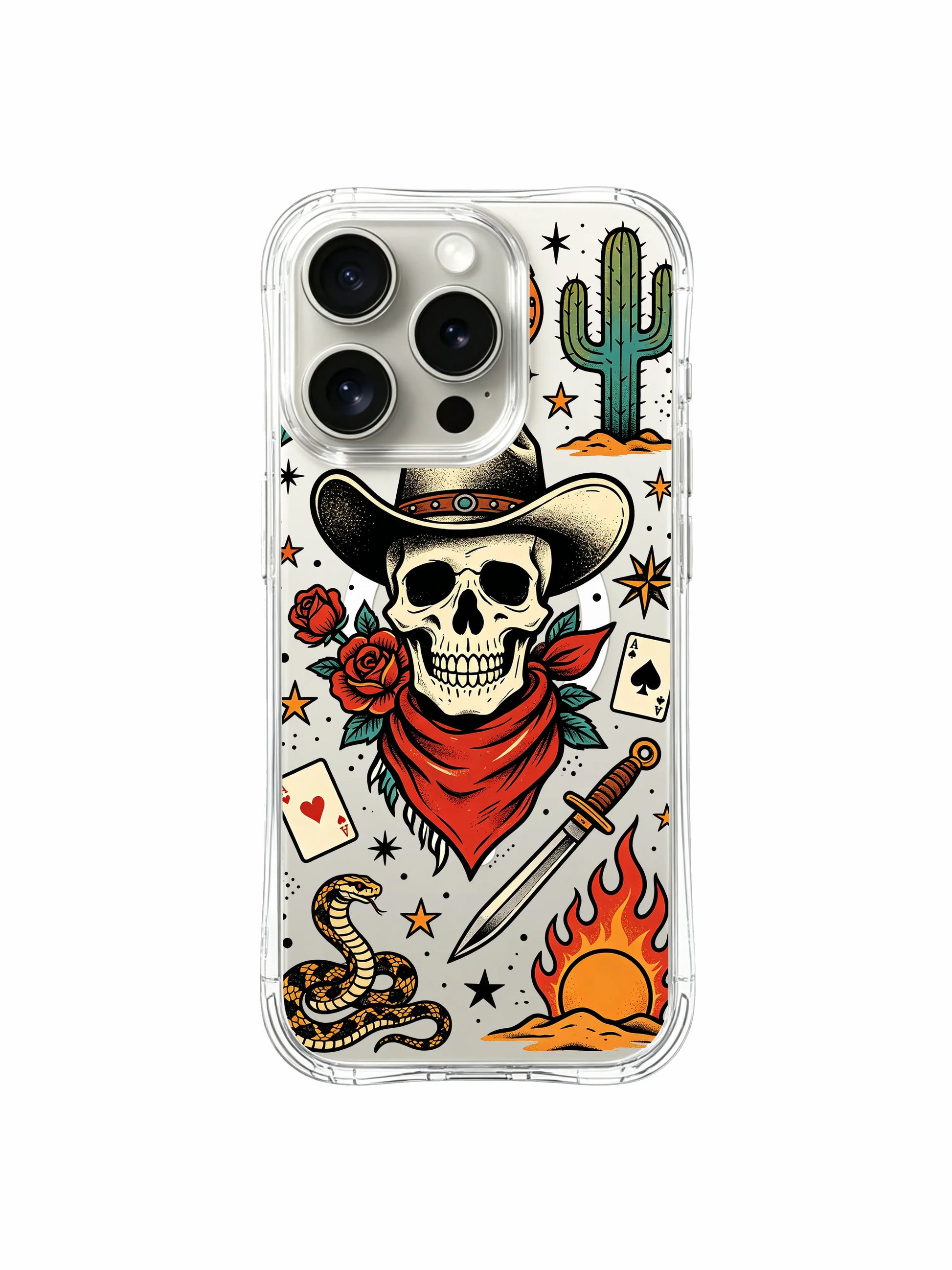 PhoneCasing iPhone 15 pro Case with left vertical dagger, standalone desert flame, tall saguaro cactus and single rose, anti-fingerprint fine art iPhone 15 pro casing from US production facility.