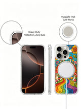 PhoneCasing iPhone 16 pro max Case, gallery-grade licensed art casing with dense red spotted amanita grouping on left edge, soft pastel clouds and scattered golden stars nested inside rainbow arch, original Luna Moss illustration printed on durable clear iPhone 16 pro max casing.