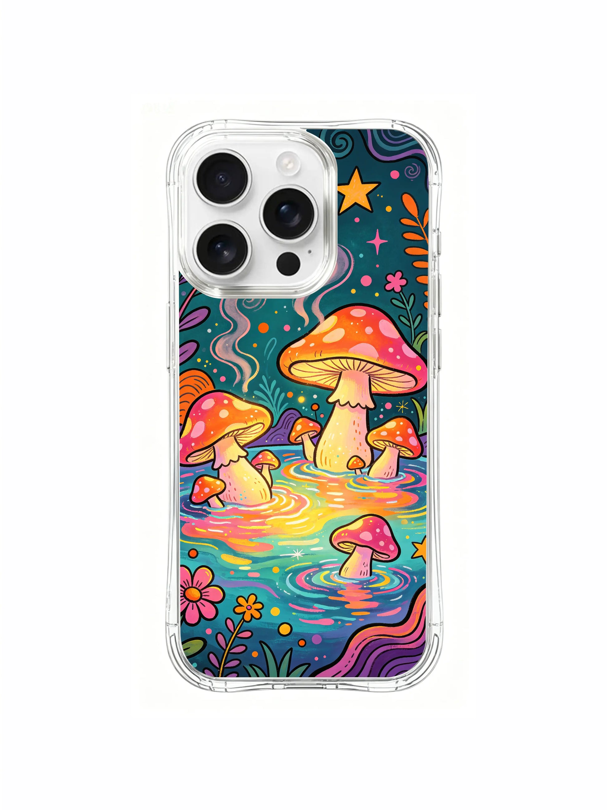 PhoneCasing iPhone 16 pro max Case, side-accent fine art casing with thick lush green grass base on left paired with dense colorful flower thicket bordering full glowing mushroom hot spring, authentic Luna Moss original licensed wearable phone casing.