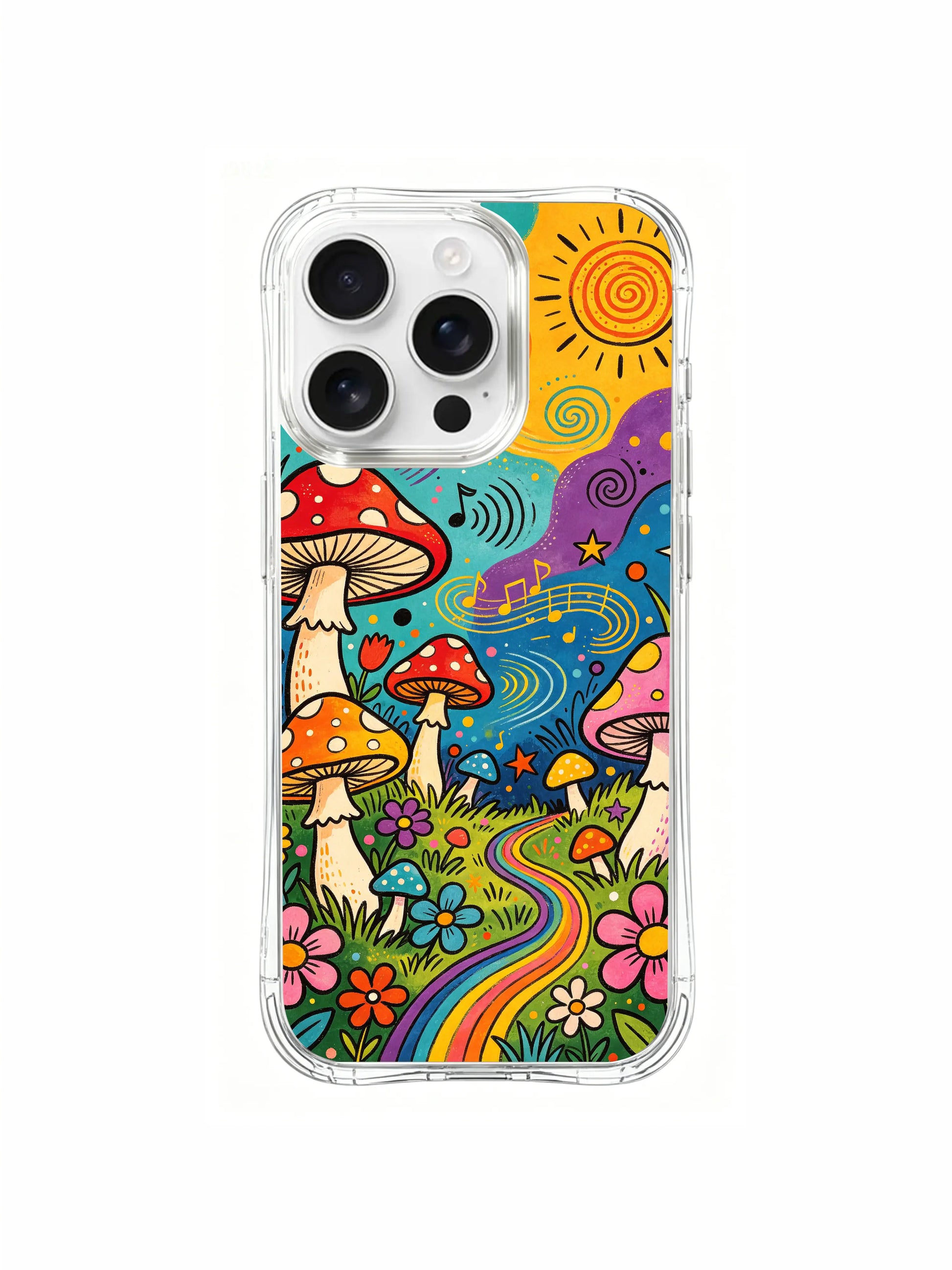 PhoneCasing iPhone 16 pro max Case, side-accent fine art casing with thick lush green grass base on left paired with dense colorful flower thicket bordering full singing mushroom grove, authentic Luna Moss original licensed wearable phone casing.