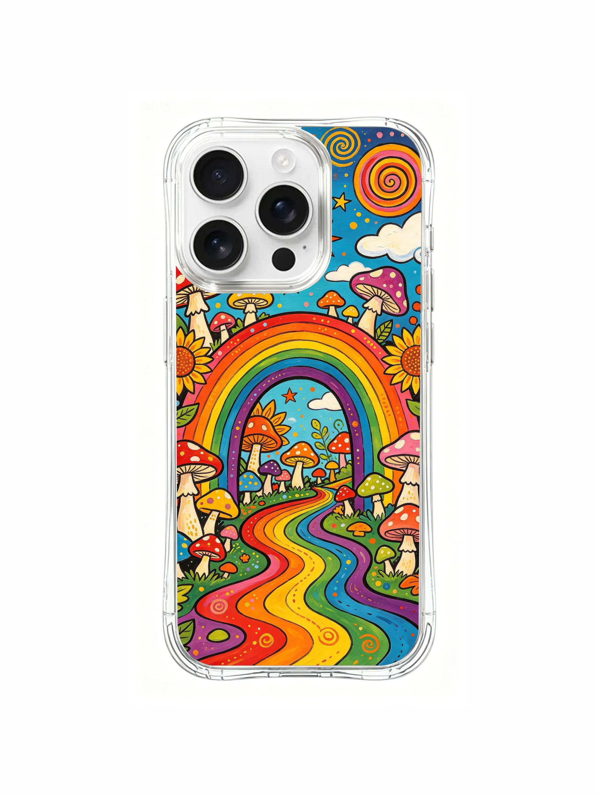PhoneCasing iPhone 16 pro max Case, side-accent fine art casing with thick lush green grass base on left paired with dense bright sunflower woodland thicket edging rainbow pathway, authentic Luna Moss original licensed wearable phone casing.