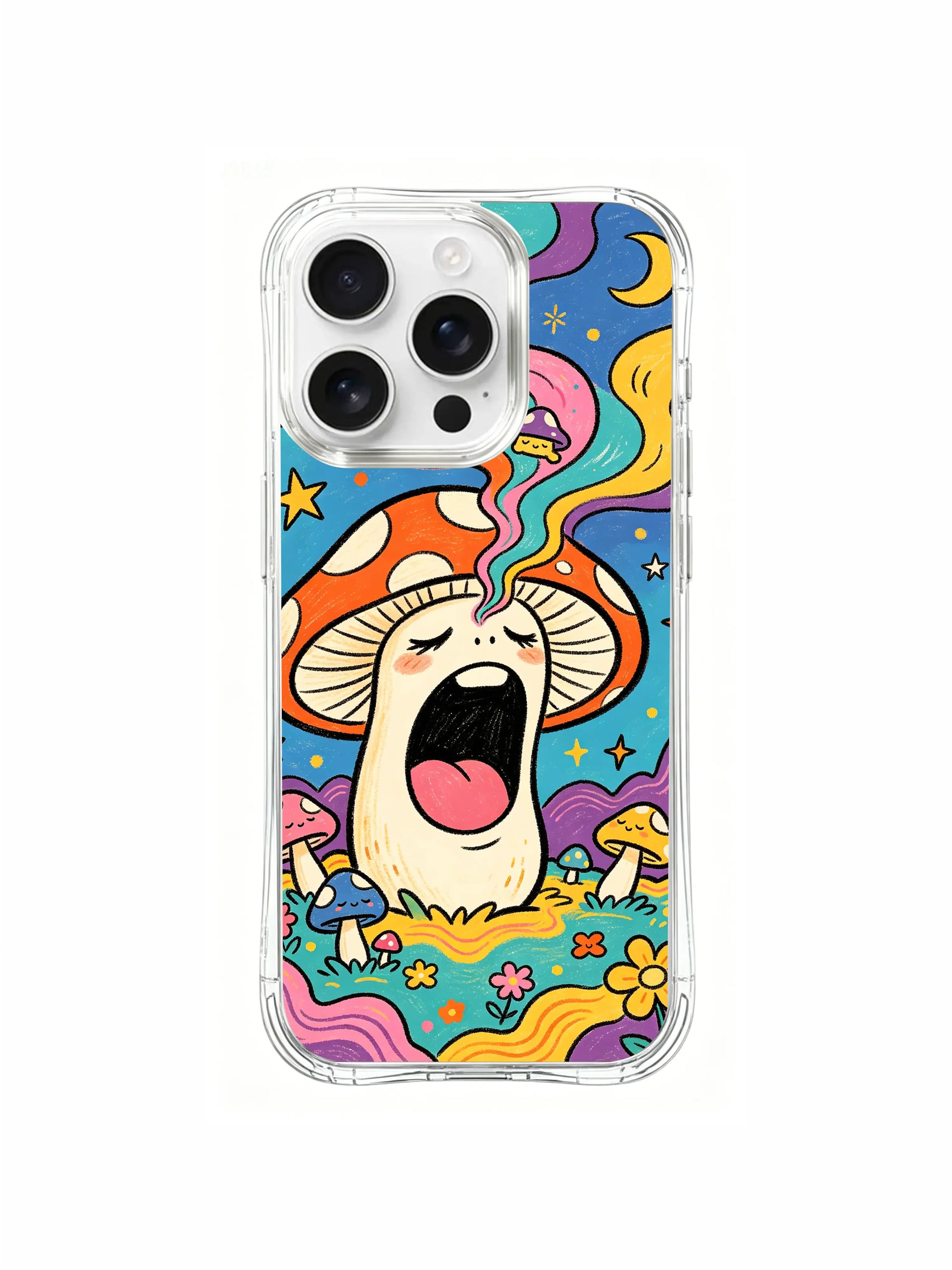 PhoneCasing iPhone 16 pro max Case, side-accent fine art casing with thick lush green meadow base on left paired with dense multicolor wildflower grove wrapping surrounding sleepy forest mushrooms, original Luna Moss licensed art wearable casing.