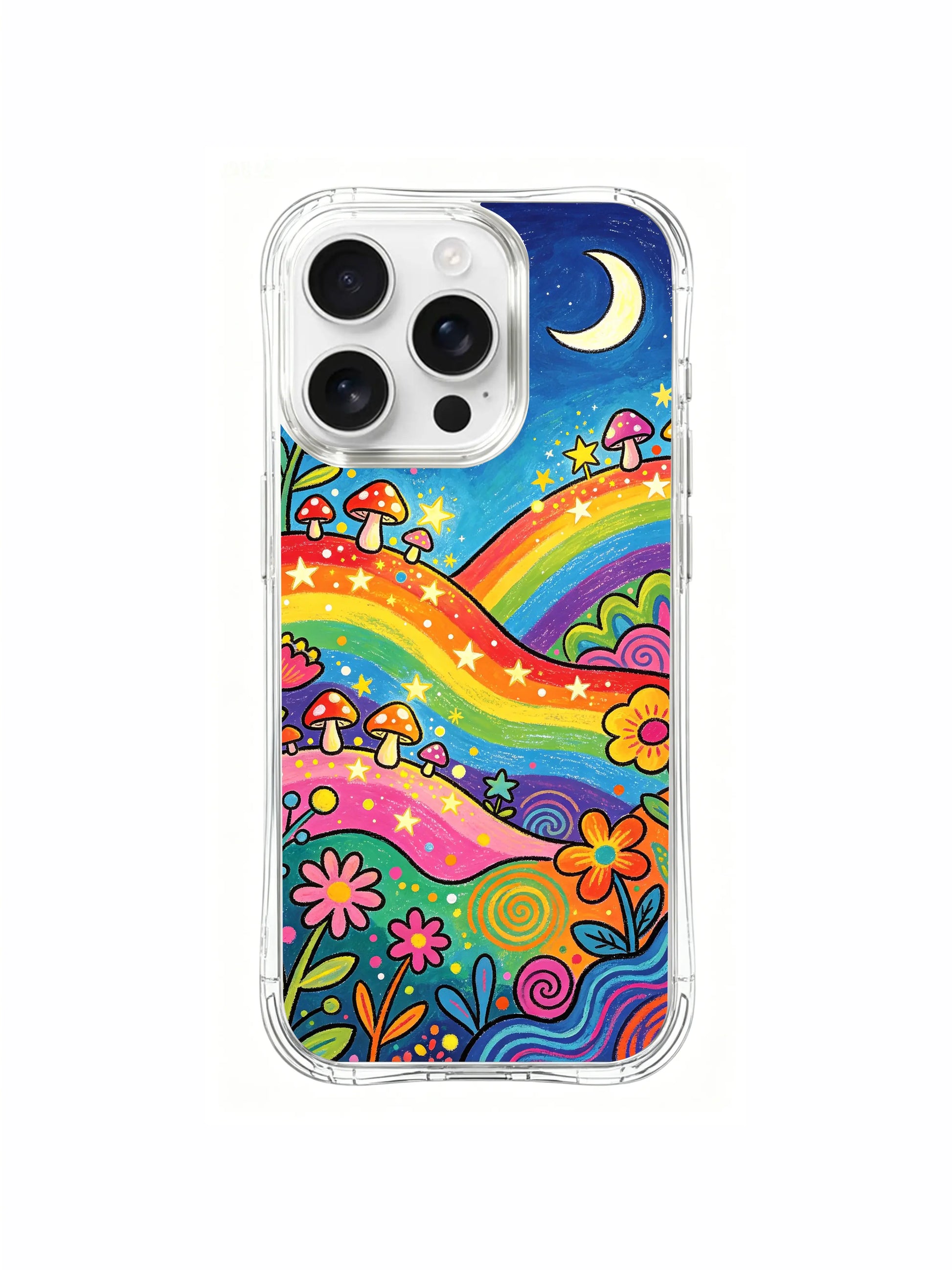 PhoneCasing iPhone 16 pro max Case, side-accent fine art casing with thick lush green meadow on left frame, dense multicolored flower grove bordering full star collector mushroom hill township, authentic Luna Moss original licensed wearable phone casing.