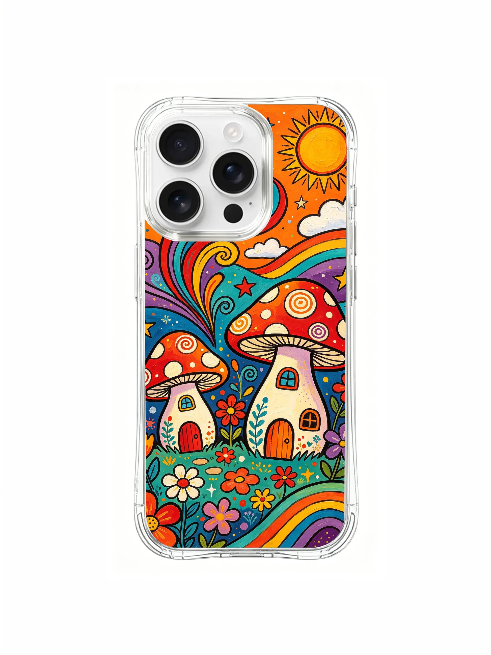 PhoneCasing iPhone 16 pro max Case, side-accent fine art casing with thick lush green meadow on left frame, dense multicolored flower grove bordering full mushroom windmill township, authentic Luna Moss original licensed wearable phone casing.