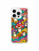 PhoneCasing iPhone 16 pro max Case, side-accent fine art casing with thick lush teal grass base on left paired with dense colorful flower thicket bordering full clown mushroom procession, authentic Luna Moss original licensed wearable phone casing.