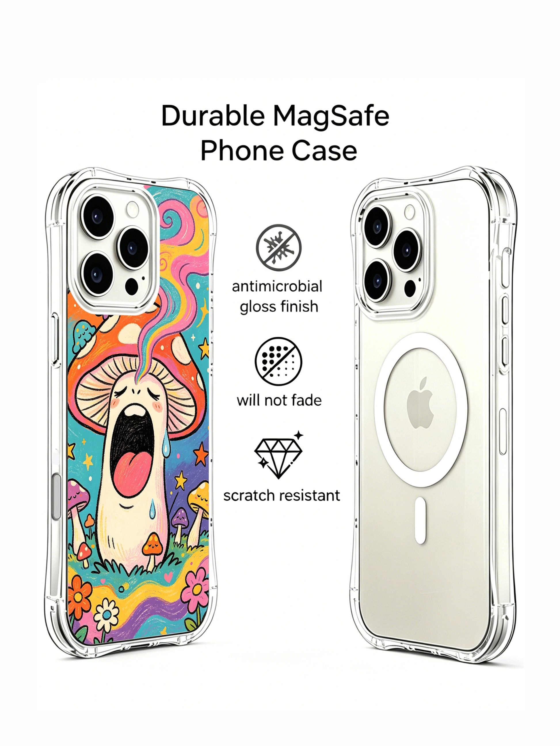 PhoneCasing iPhone 16 pro max Case, scratch-resistant fade-proof fine art casing with long curly rainbow vapor drifting from yawning mushroom’s mouth leftward, dotted star & deep indigo night sky backdrop, limited-edition premium wearable casing from PhoneCasing’s California factory.