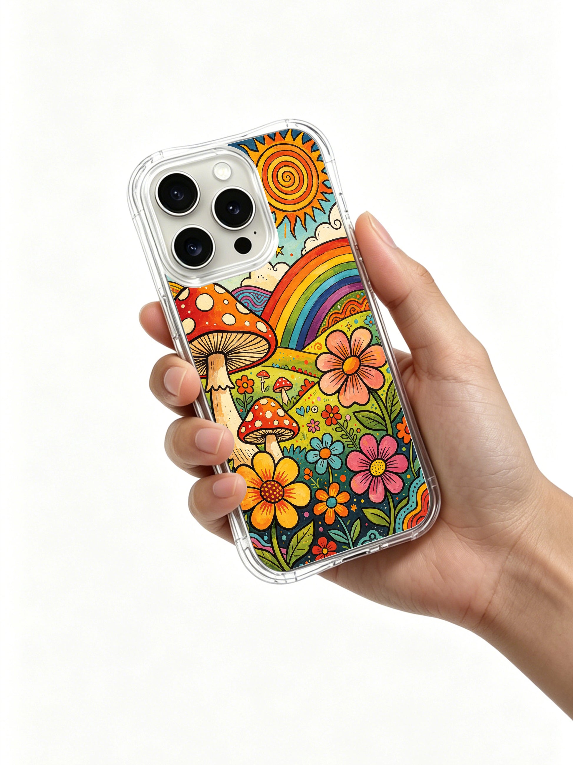 PhoneCasing iPhone 16 pro max Case, whimsical gallery-grade casing with towering red spotted fly agaric anchoring left artwork, bushy mixed-color wildflower meadow spreading across valley floor, original licensed artwork locally manufactured in California