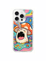 PhoneCasing iPhone 16 pro max Case, premium shockproof transparent casing with wispy multicolor spiral smoke flowing from left side of giant yawning amanita, layered wildflower edging and whimsical rolling wavy grass terrain across bottom, USA crafted boho cottagecore phone casing.