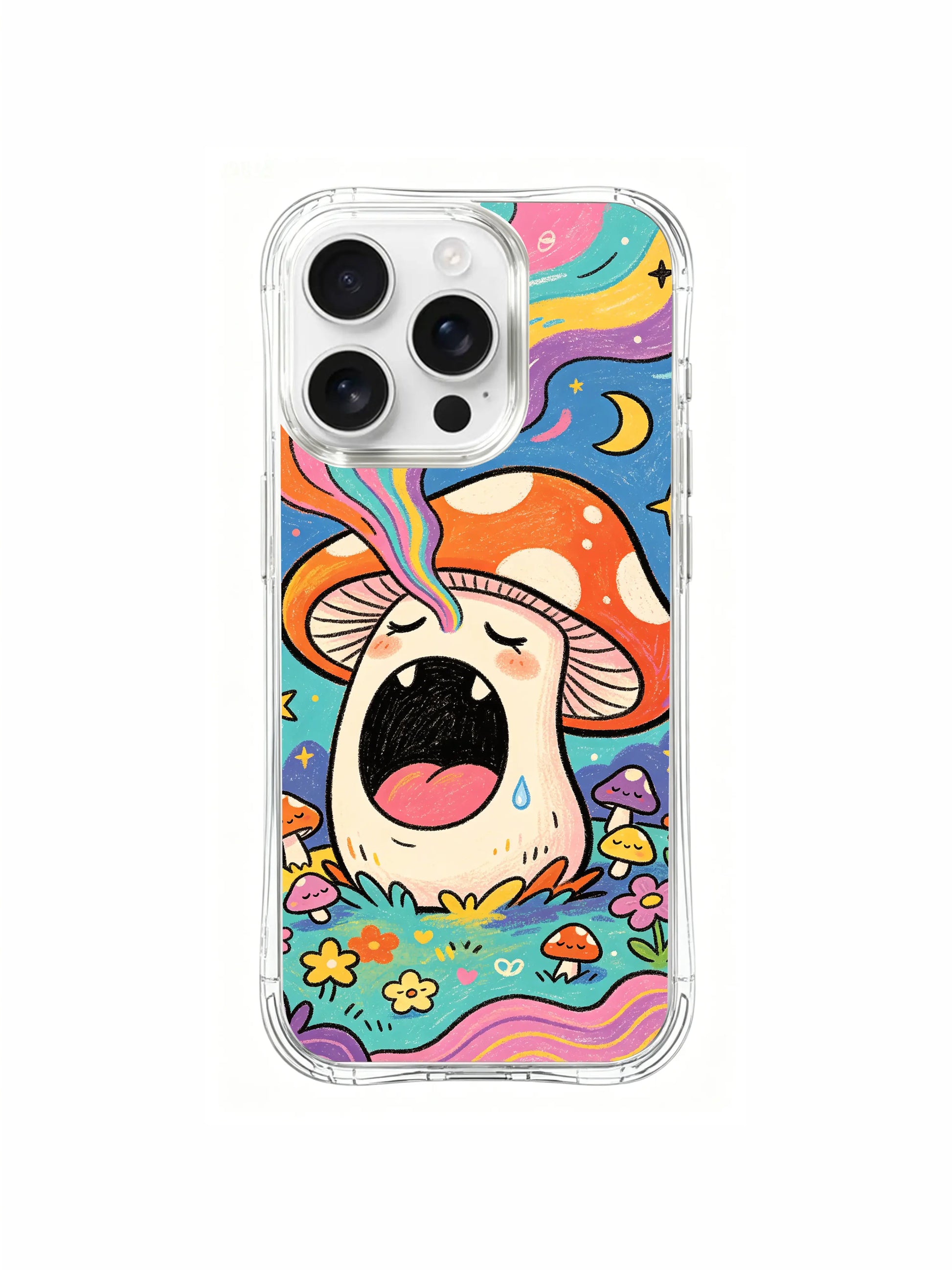PhoneCasing iPhone 16 pro max Case, premium shockproof transparent casing with wispy multicolor spiral smoke flowing from left side of giant yawning amanita, layered wildflower edging and whimsical rolling wavy grass terrain across bottom, USA crafted boho cottagecore phone casing.