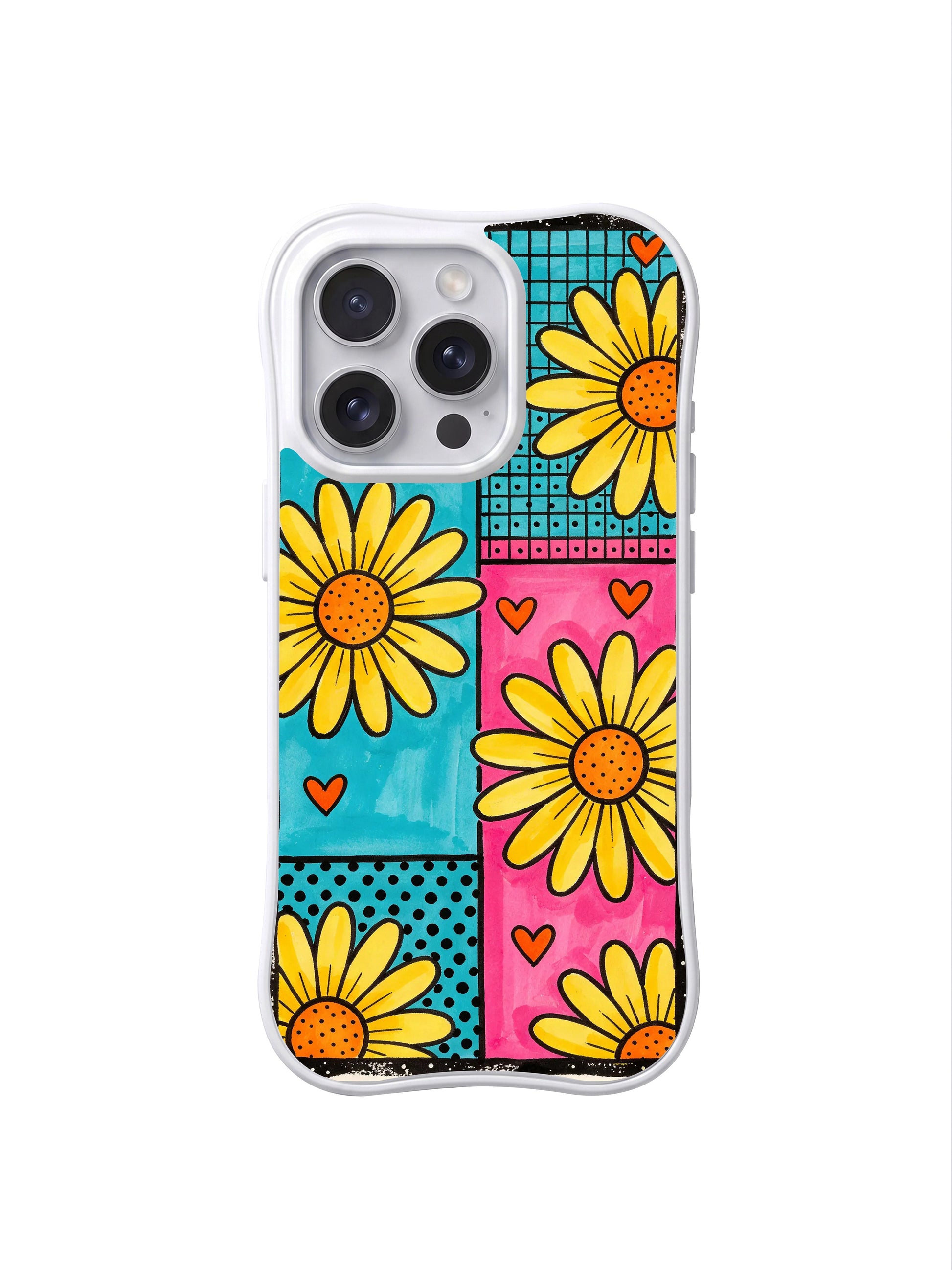 PhoneCasing iPhone 16 pro Case with tiny scattered simple orange heart doodle accents across mint pink patchwork color blocks, playful Ruby Daze Lemon Pop Daisy Grid floral design, stylish women’s wavy phone casing.