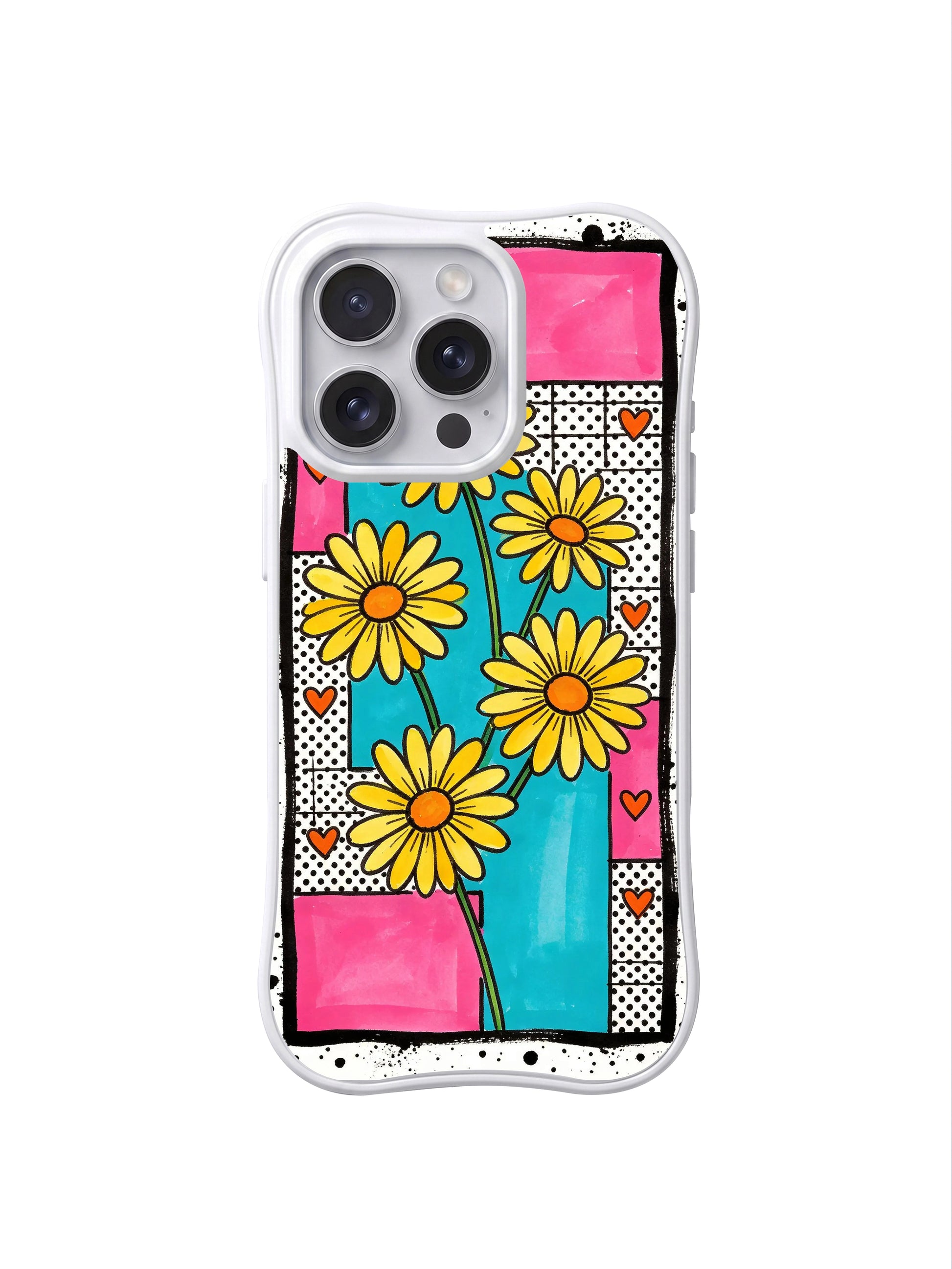 PhoneCasing iPhone 16 pro Case with hybrid vintage candy wrapper + urban street wall poster patchwork grid daisy composition, exclusive Ruby Daze artist collab design, heavy-duty wavy white protective art case.
