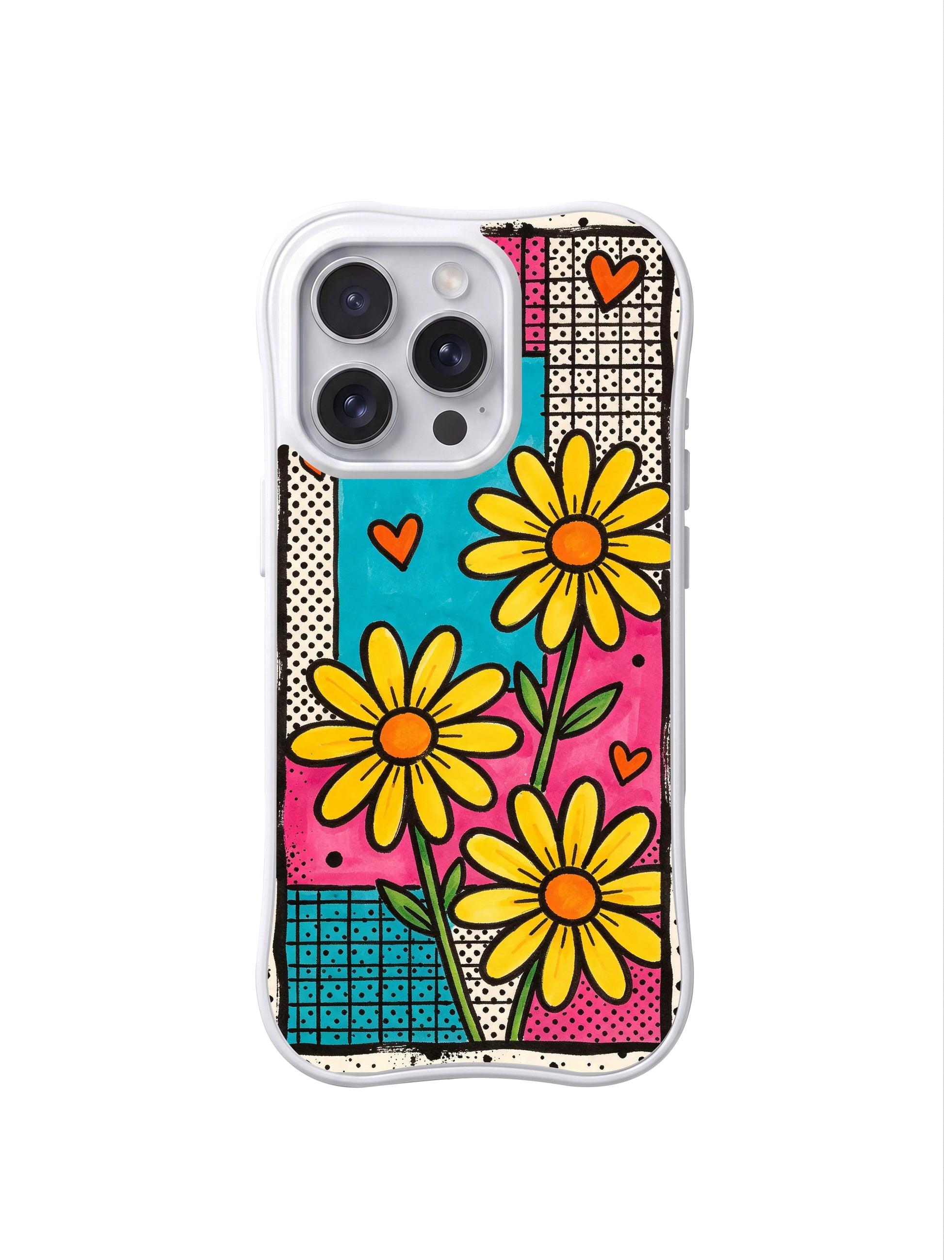 PhoneCasing iPhone 16 pro Case with bright playful patchwork grid daisy graphics themed on carefree joy and bold unfiltered self-expression, Ruby Daze Daisy Love Riot printed wavy art casing.