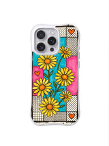 PhoneCasing iPhone 16 pro Case with layered dual texture halftone dot grid + line grid over mint cyan bubblegum pink hand-painted patchwork blocks, Ruby Daze Lemon Pop Daisy Grid retro candy illustration, tough wavy premium phone casing.
