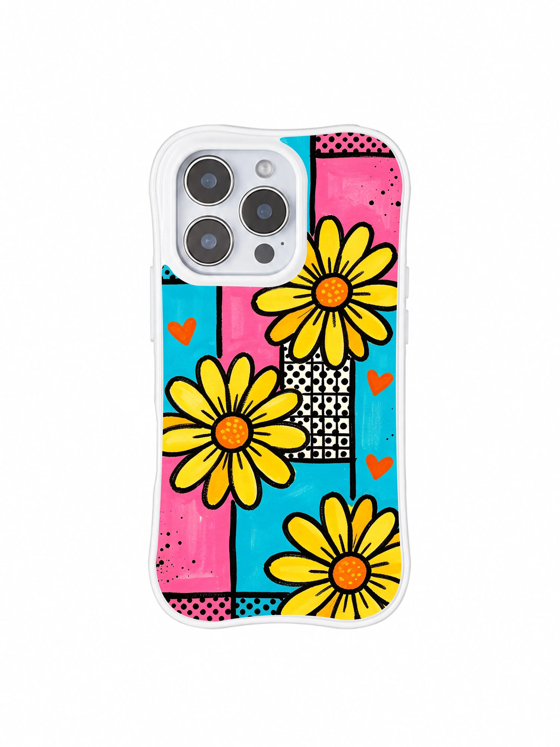 PhoneCasing iPhone 16 pro Case with layered dual texture halftone dot grid + line grid over mint cyan bubblegum pink hand-painted patchwork blocks, Ruby Daze Lemon Pop Daisy Grid retro candy illustration, tough wavy premium phone casing.