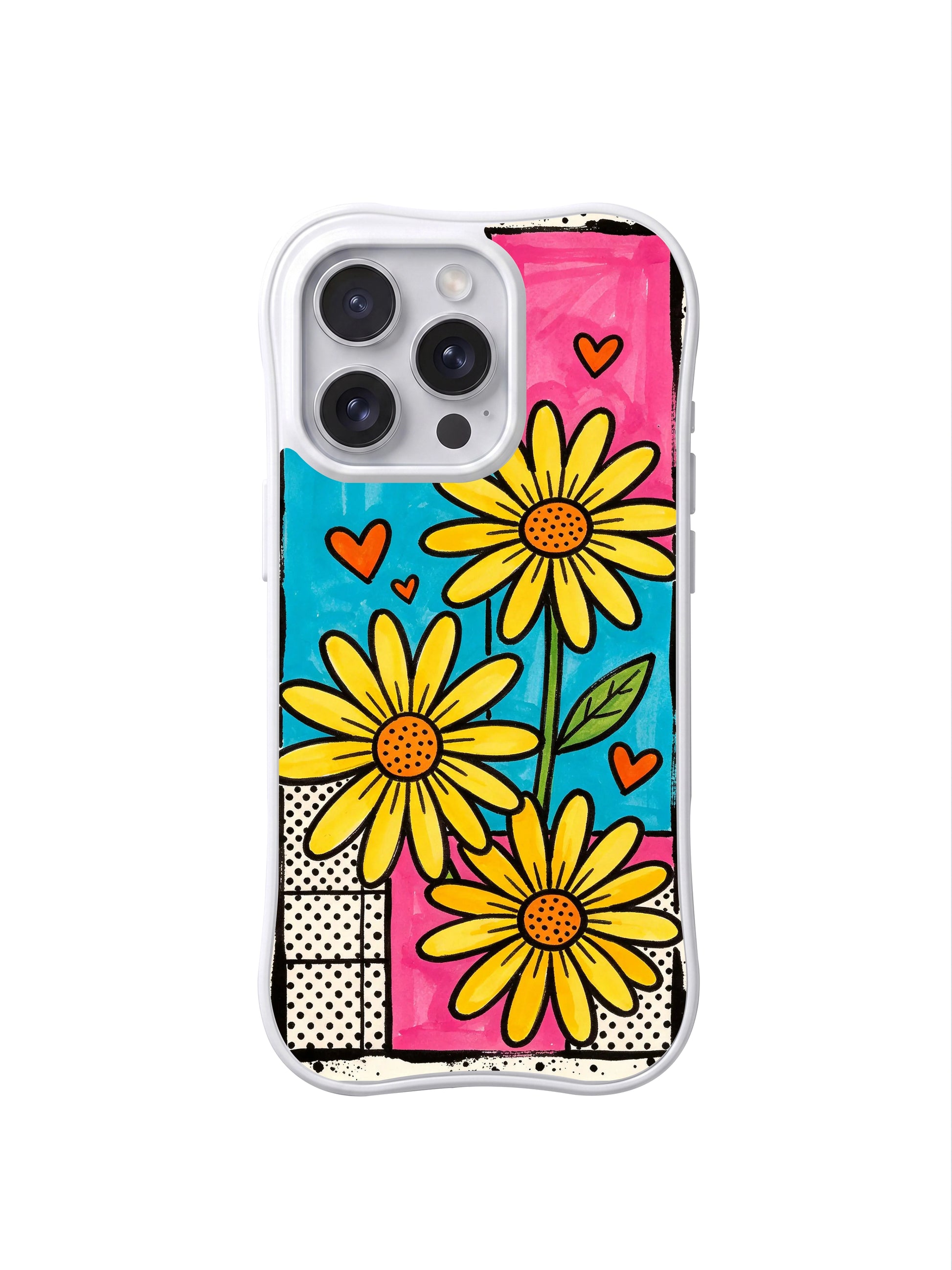 PhoneCasing iPhone 16 pro Case with full-bleed layered collage color block grid lemon daisy and mini orange heart layout, Ruby Daze light joyful youthful design, slim lightweight wavy premium case.