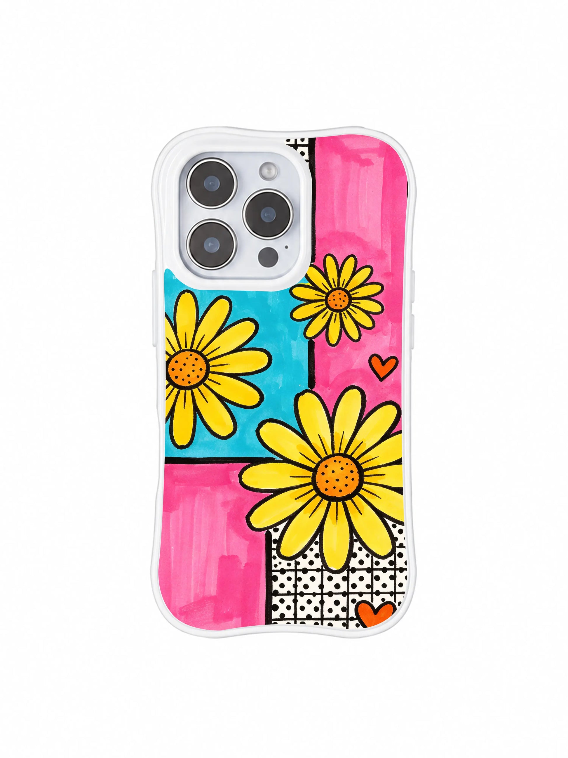 PhoneCasing iPhone 16 pro Case with full-bleed layered collage color block grid lemon daisy and mini orange heart layout, Ruby Daze light joyful youthful design, slim lightweight wavy premium case.