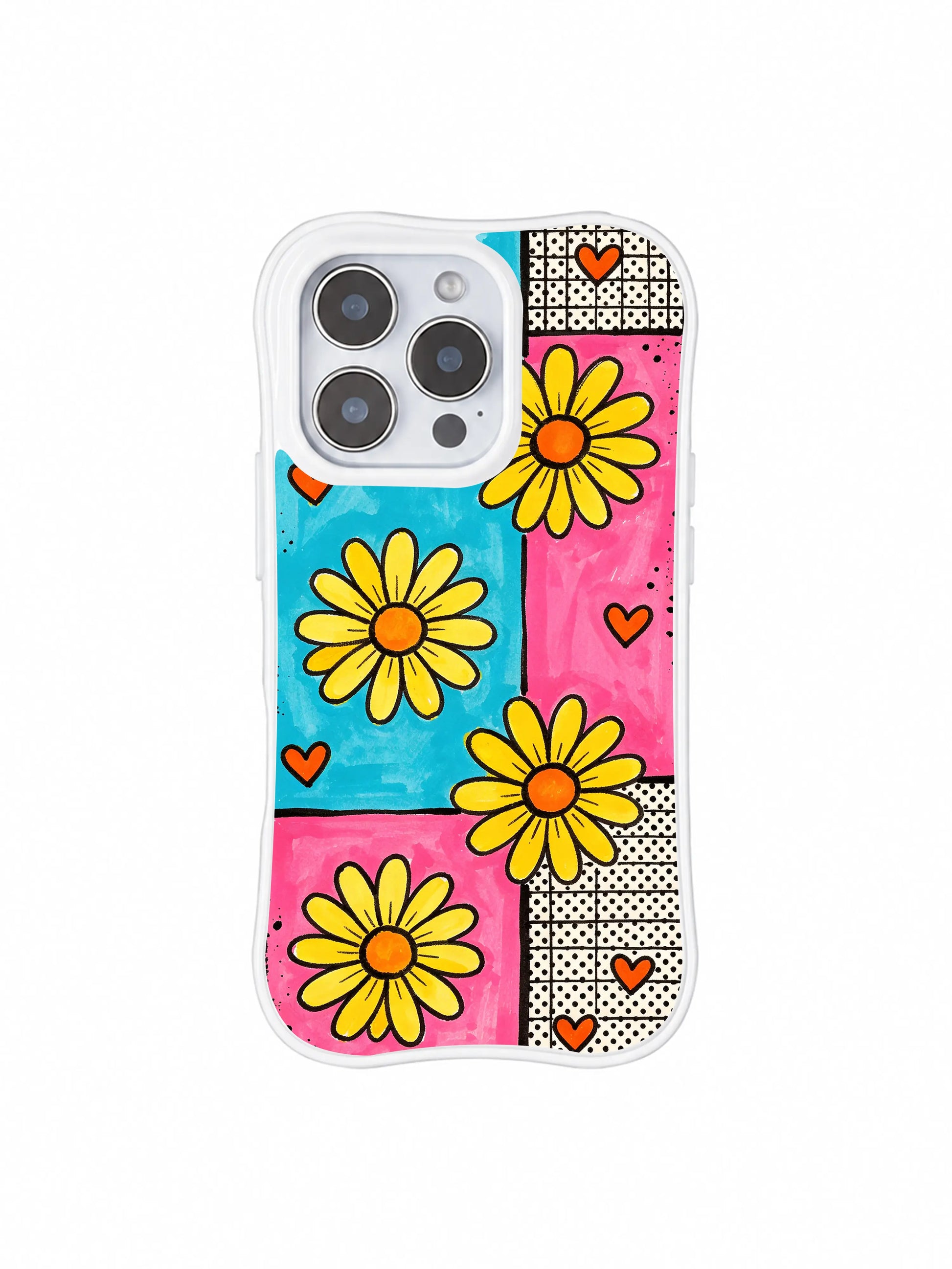 PhoneCasing iPhone 16 pro Case with tiny scattered simple orange heart doodle accents across mint pink patchwork color blocks, playful Ruby Daze Lemon Pop Daisy Grid floral design, stylish women’s wavy phone casing.