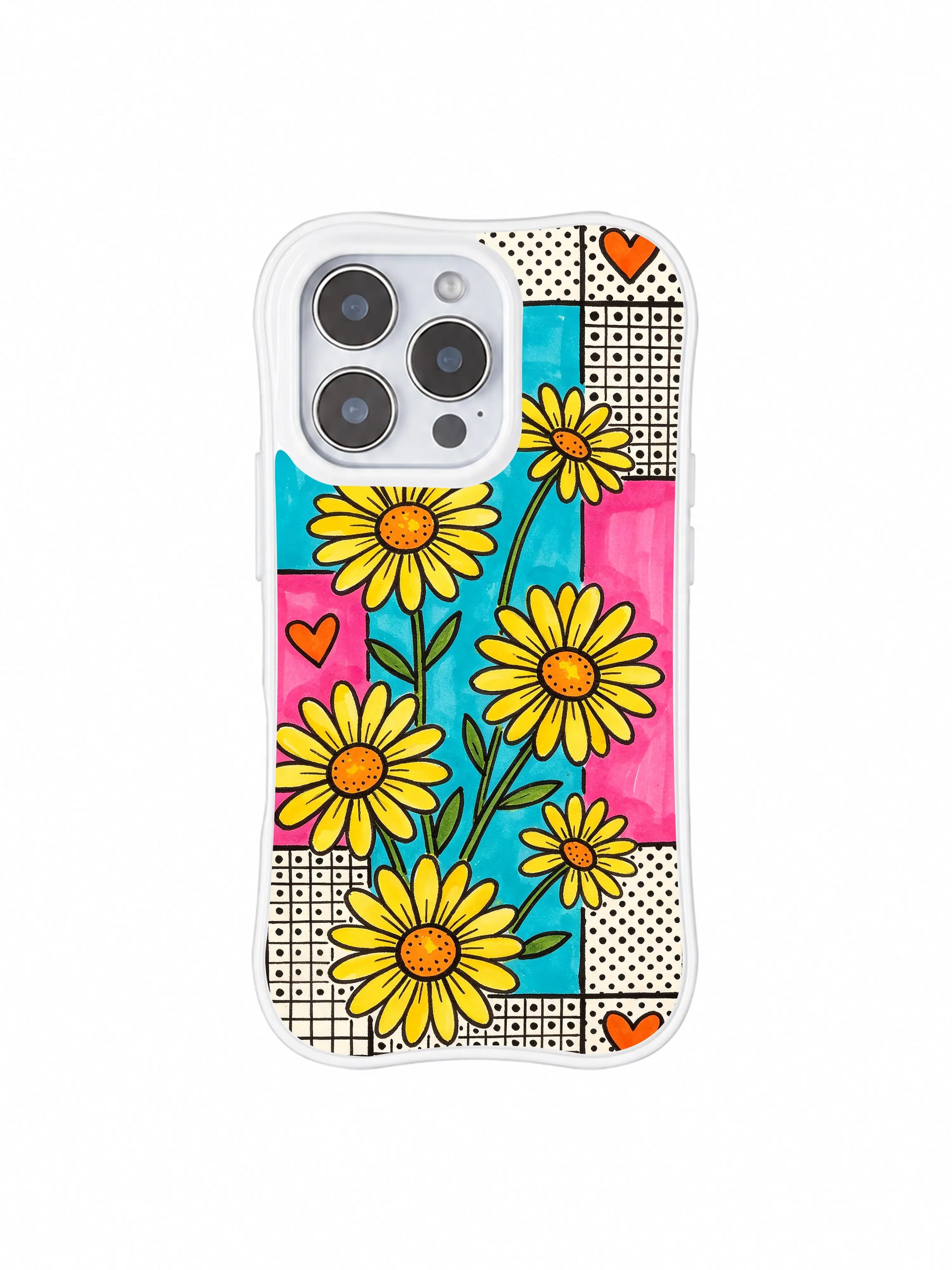 PhoneCasing iPhone 16 pro Case with light sweet retro candy pastel palette paired with punchy street graphic grid lemon daisy artwork, Ruby Daze Lemon Pop Daisy Grid signature pop print, premium wearable wavy white floral casing.