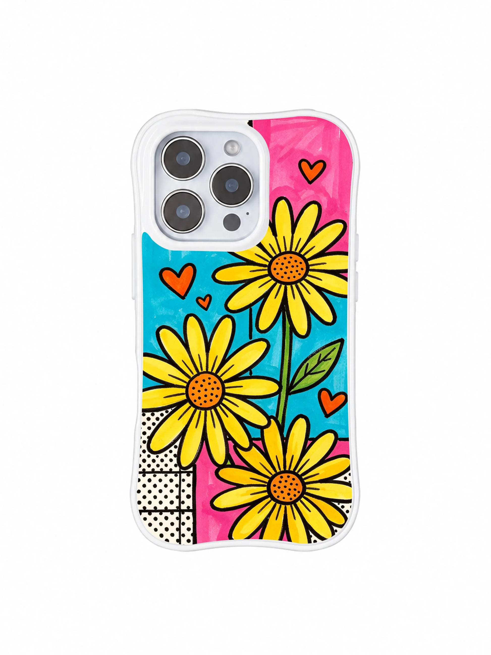 PhoneCasing iPhone 16 pro Case with bold uneven thick black marker hand-sketched outlines around lemon daisy petals, Ruby Daze handmade retro candy street art, gallery-grade wavy print casing.