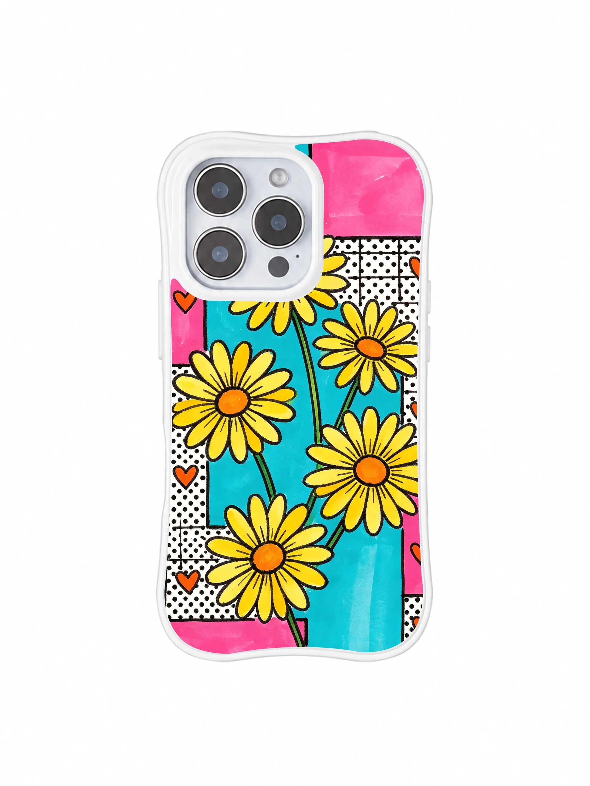 PhoneCasing iPhone 16 pro Case with subtle mini orange hand-drawn heart doodles hidden among patchwork grids and lemon daisies, Ruby Daze upbeat sweet street pop daisy art, scratch-resistant wavy casing.