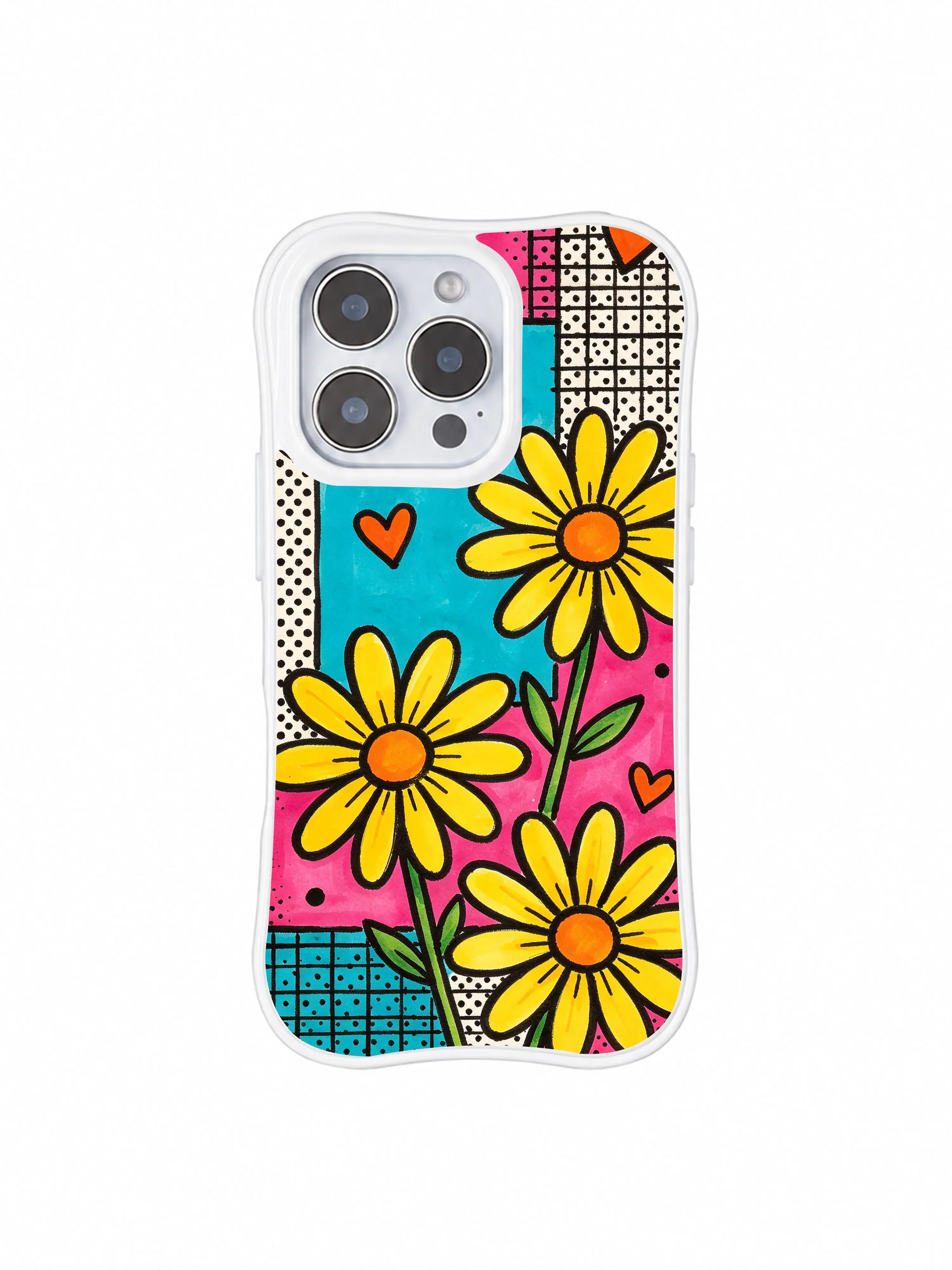 PhoneCasing iPhone 16 pro Case with bright playful patchwork grid daisy graphics themed on carefree joy and bold unfiltered self-expression, Ruby Daze Daisy Love Riot printed wavy art casing.