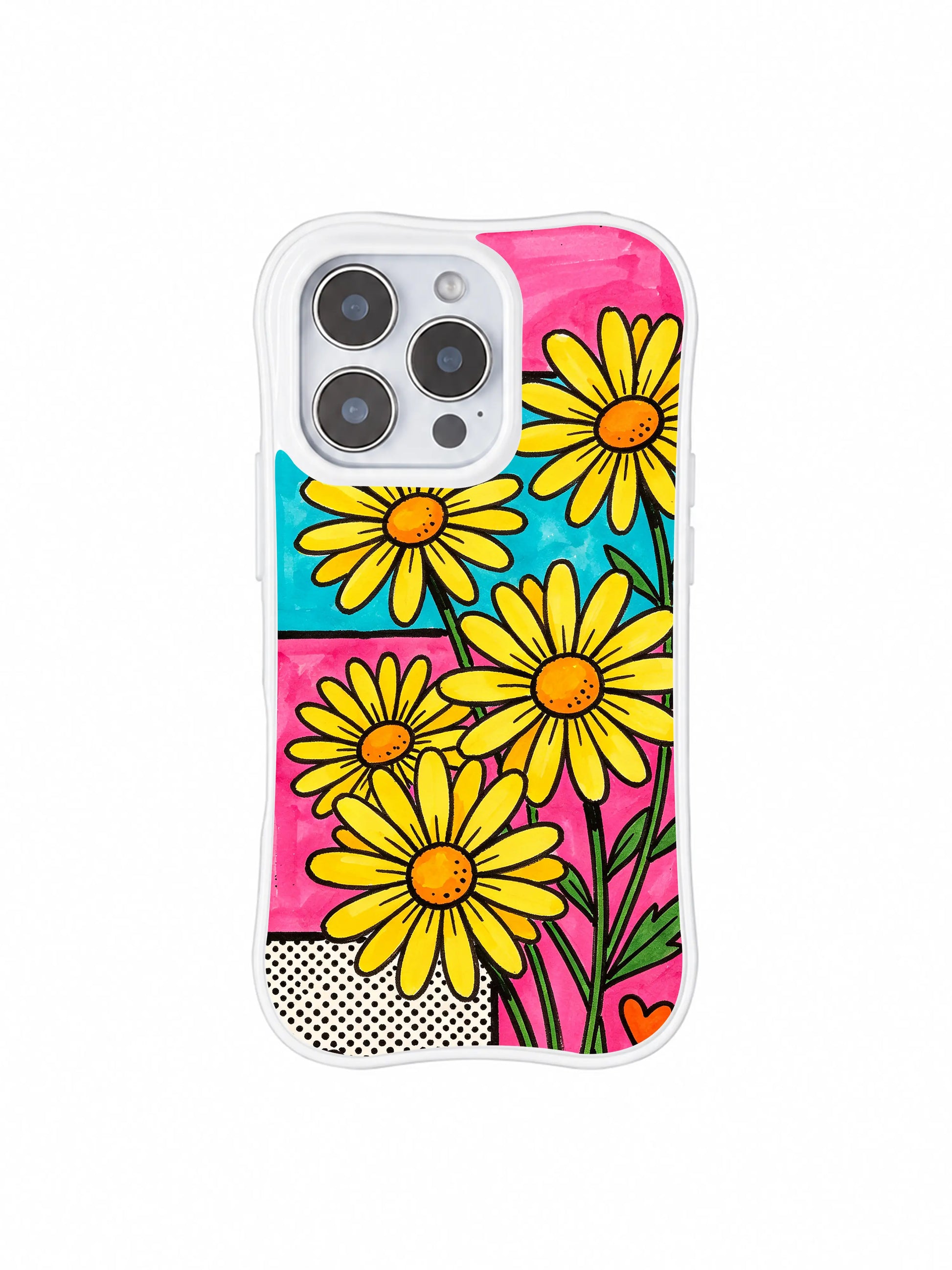 PhoneCasing iPhone 16 pro Case with hybrid vintage candy wrapper + urban street wall poster patchwork grid daisy composition, exclusive Ruby Daze artist collab design, heavy-duty wavy white protective art case.