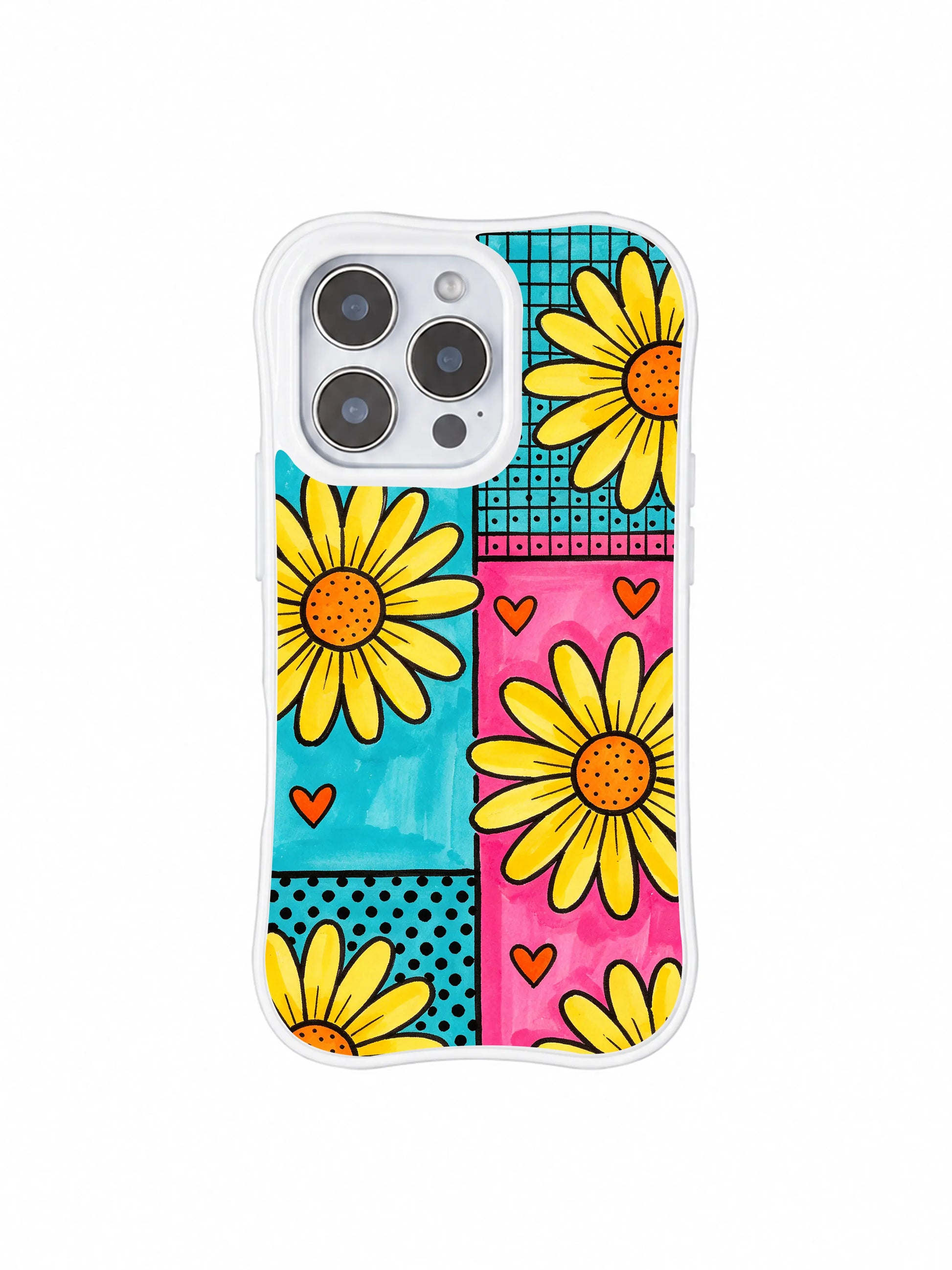 PhoneCasing iPhone 16 pro Case with nostalgic old retro candy wrapper collage patchwork backdrop, exclusive Ruby Daze Lemon Pop Daisy Grid wearable wavy frame art.