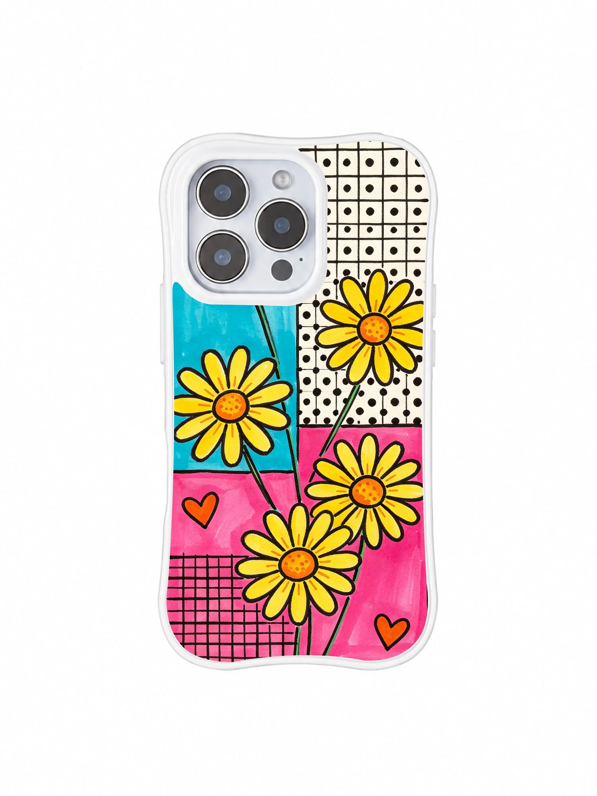 PhoneCasing iPhone 16 pro Case featuring bright cheerful lemon yellow daisies scattered over mixed grid patchwork blocks from Ruby Daze Lemon Pop Daisy Grid, wavy white frame premium art casing for iPhone 16 pro.