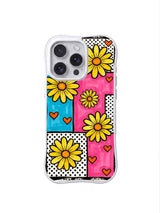 PhoneCasing iPhone 16 pro Case featuring bright cheerful lemon yellow daisies scattered over mixed grid patchwork blocks from Ruby Daze Lemon Pop Daisy Grid, wavy white frame premium art casing for iPhone 16 pro.