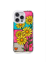 PhoneCasing iPhone 16 pro Case with subtle mini orange hand-drawn heart doodles hidden among patchwork grids and lemon daisies, Ruby Daze upbeat sweet street pop daisy art, scratch-resistant wavy casing.