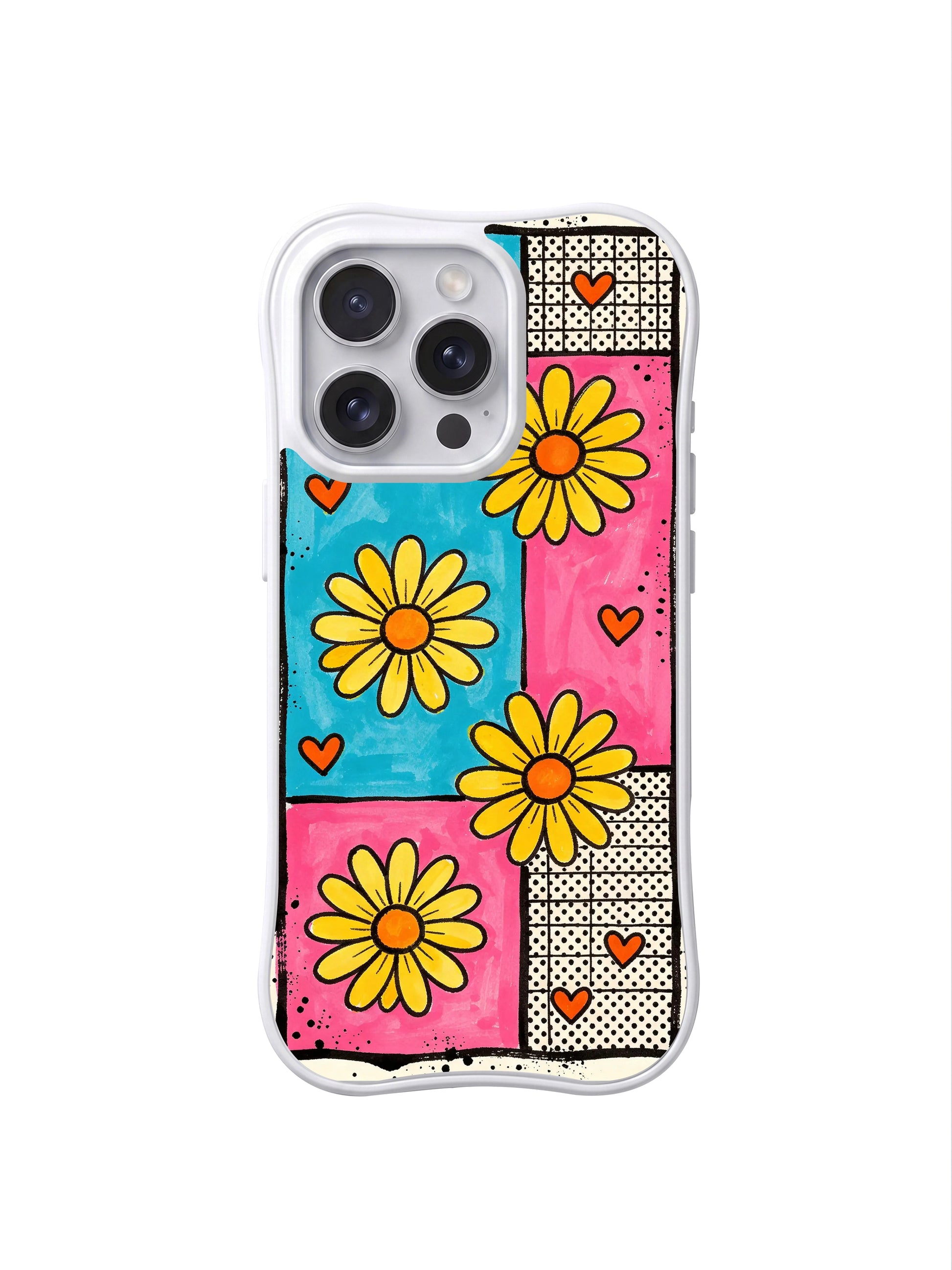 PhoneCasing iPhone 16 pro Case with nostalgic old retro candy wrapper collage patchwork backdrop, exclusive Ruby Daze Lemon Pop Daisy Grid wearable wavy frame art.