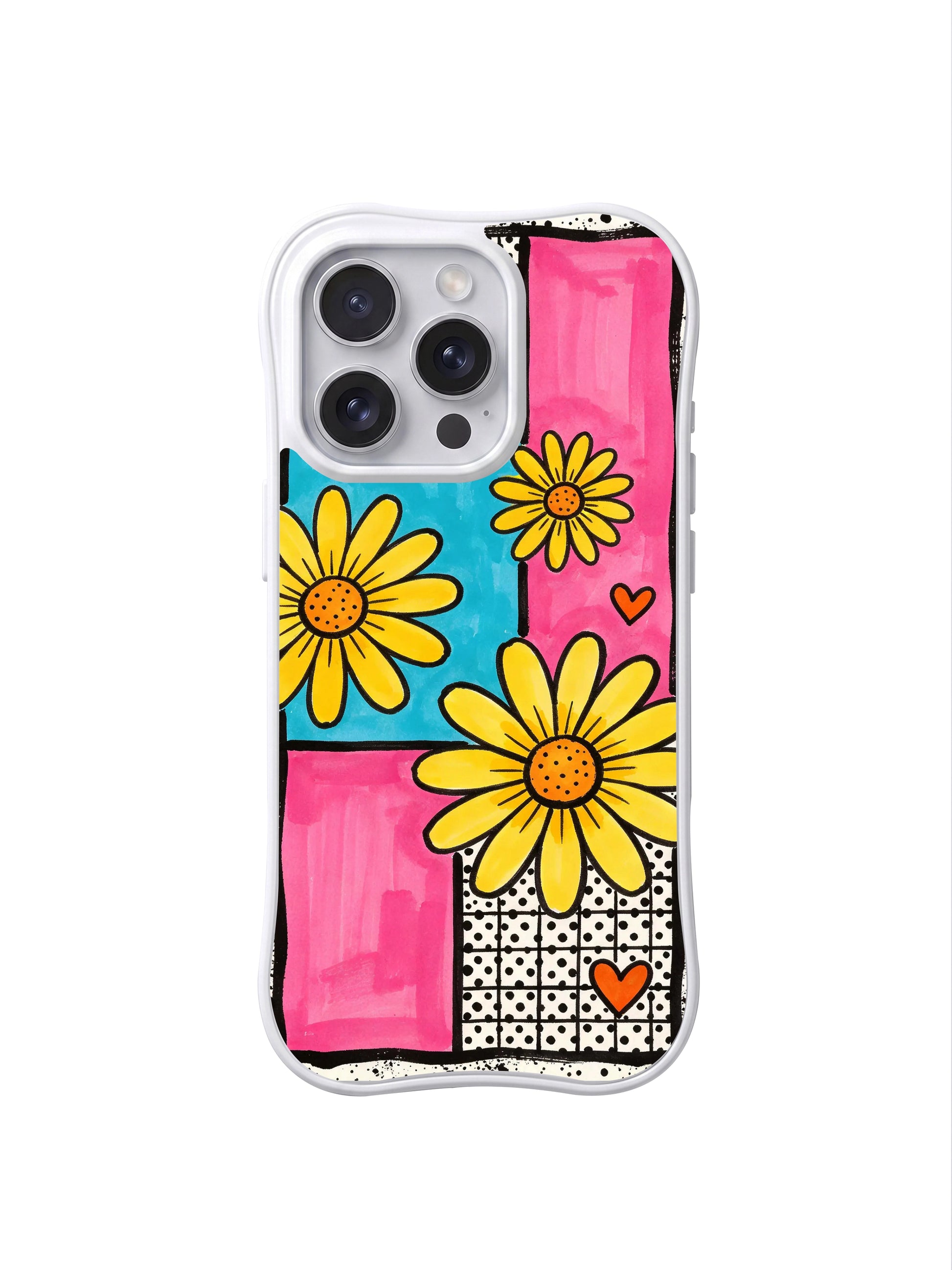 PhoneCasing iPhone 16 pro Case with bold uneven thick black marker hand-sketched outlines around lemon daisy petals, Ruby Daze handmade retro candy street art, gallery-grade wavy print casing.