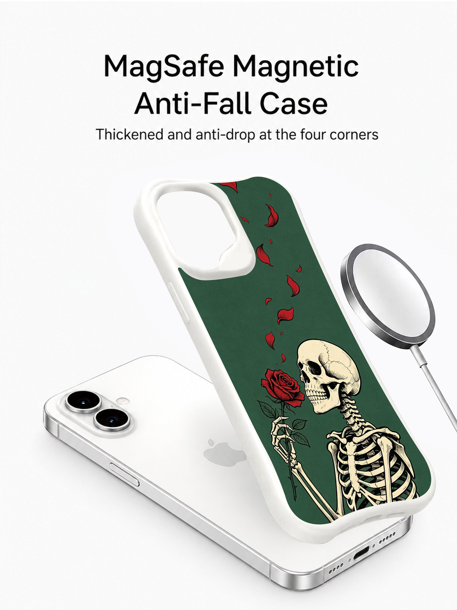PhoneCasing Letter to Old Dream spiritual goth iPhone 16 Case, hand-drawn skeletal figure clutching crimson rose against matte emerald textured background, antimicrobial smooth finish durable iPhone 16 casing