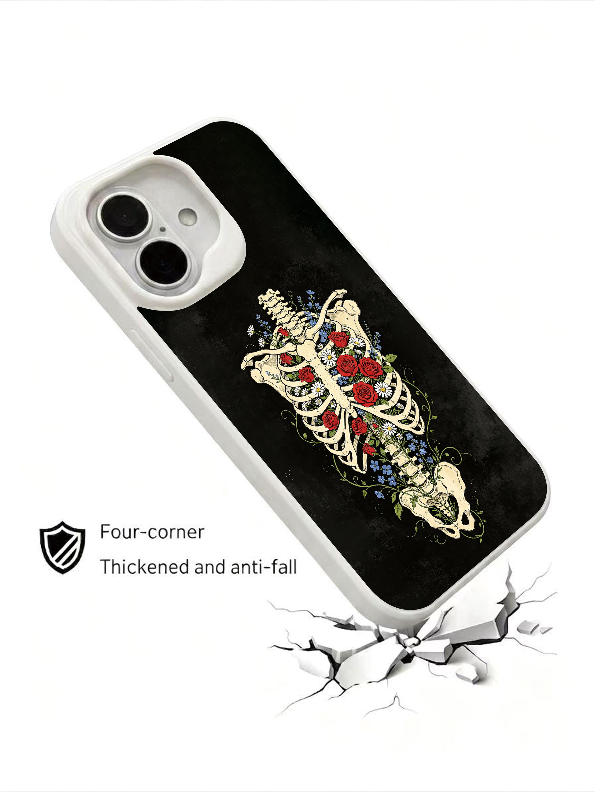 PhoneCasing Life Blooms Amid Bone goth iPhone 16 Case, dark academia full torso skeleton illustration with assorted flowers growing inside empty rib cage, four-corner anti-drop reinforced casing USA-made