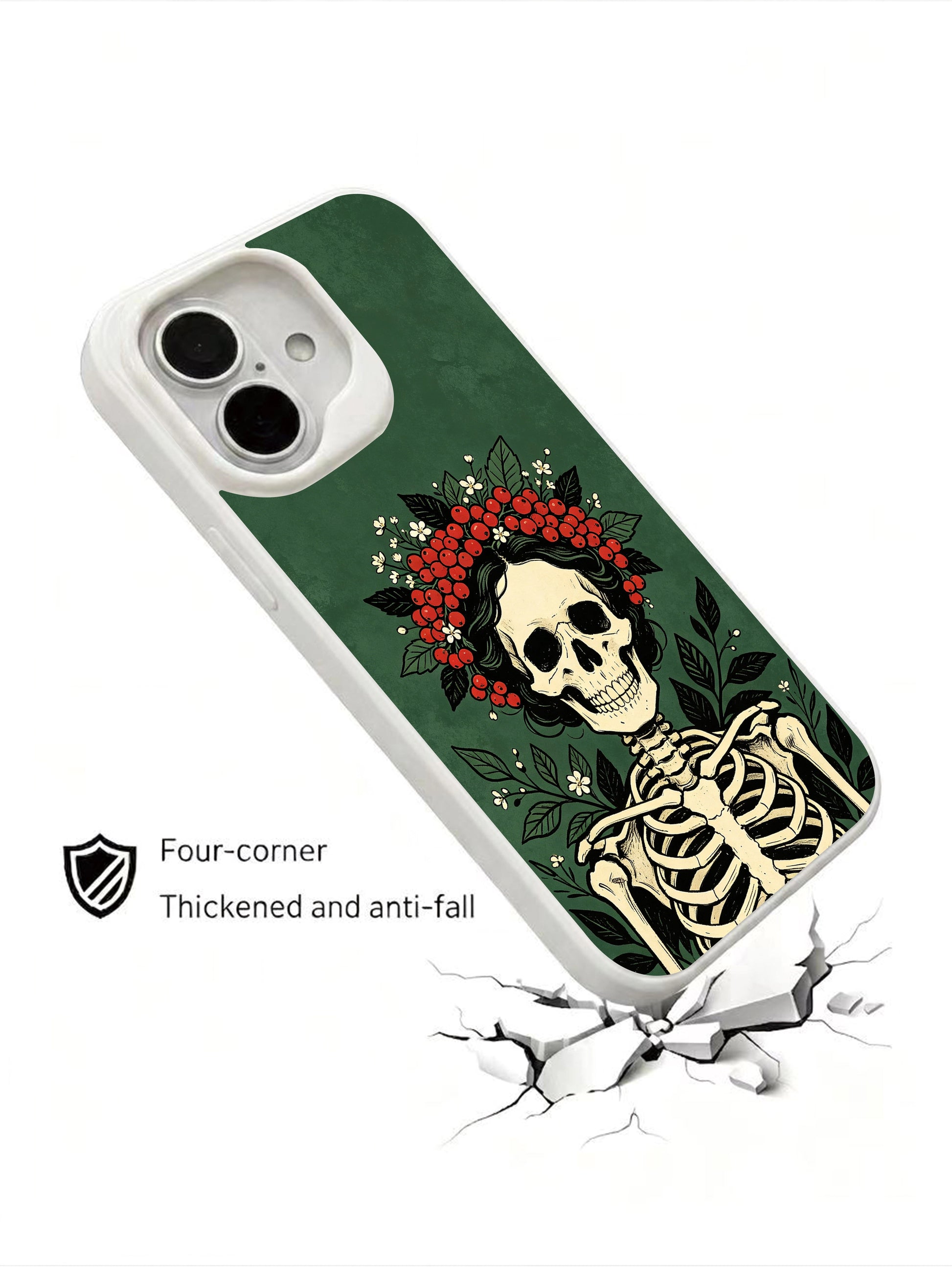 PhoneCasing Life Crowned Bone goth iPhone 16 Case, dark academia skeleton illustration crowned with abundant red berries and tiny white blossoms, four-corner anti-drop reinforced iPhone 16 casing made in USA