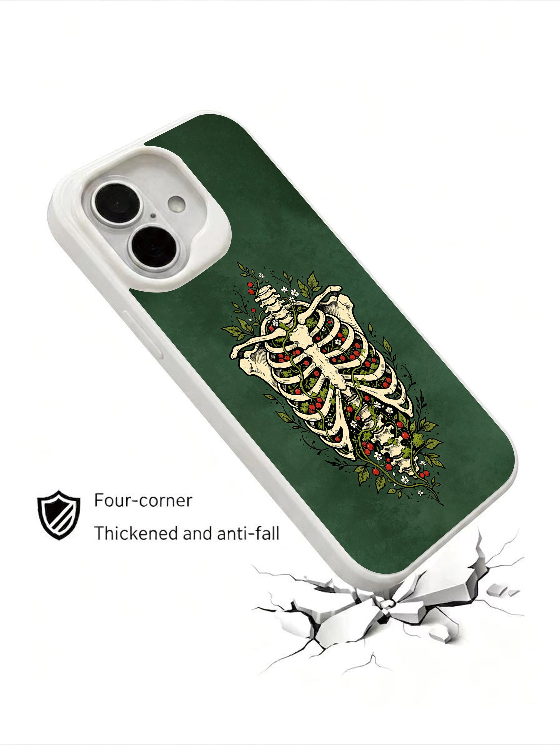 PhoneCasing Life Fills Empty Bone goth iPhone 16 Case, dark academia skeleton illustration with native woodland flora sprouting from ribcage gaps, four-corner anti-drop reinforced iPhone 16 casing made in USA